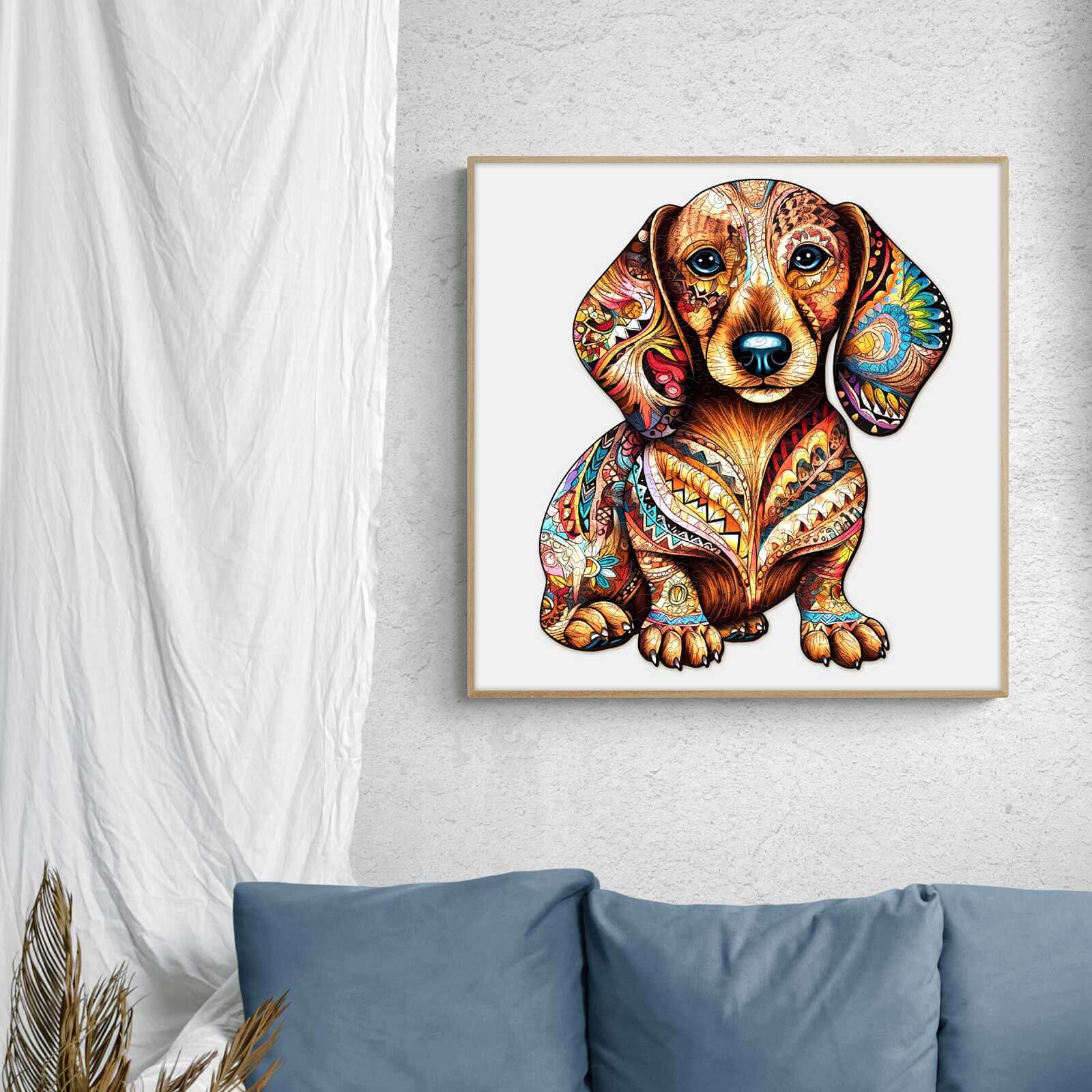 Colorful art of a Dachshund with intricate details, showcasing its vibrant patterns and shapes.