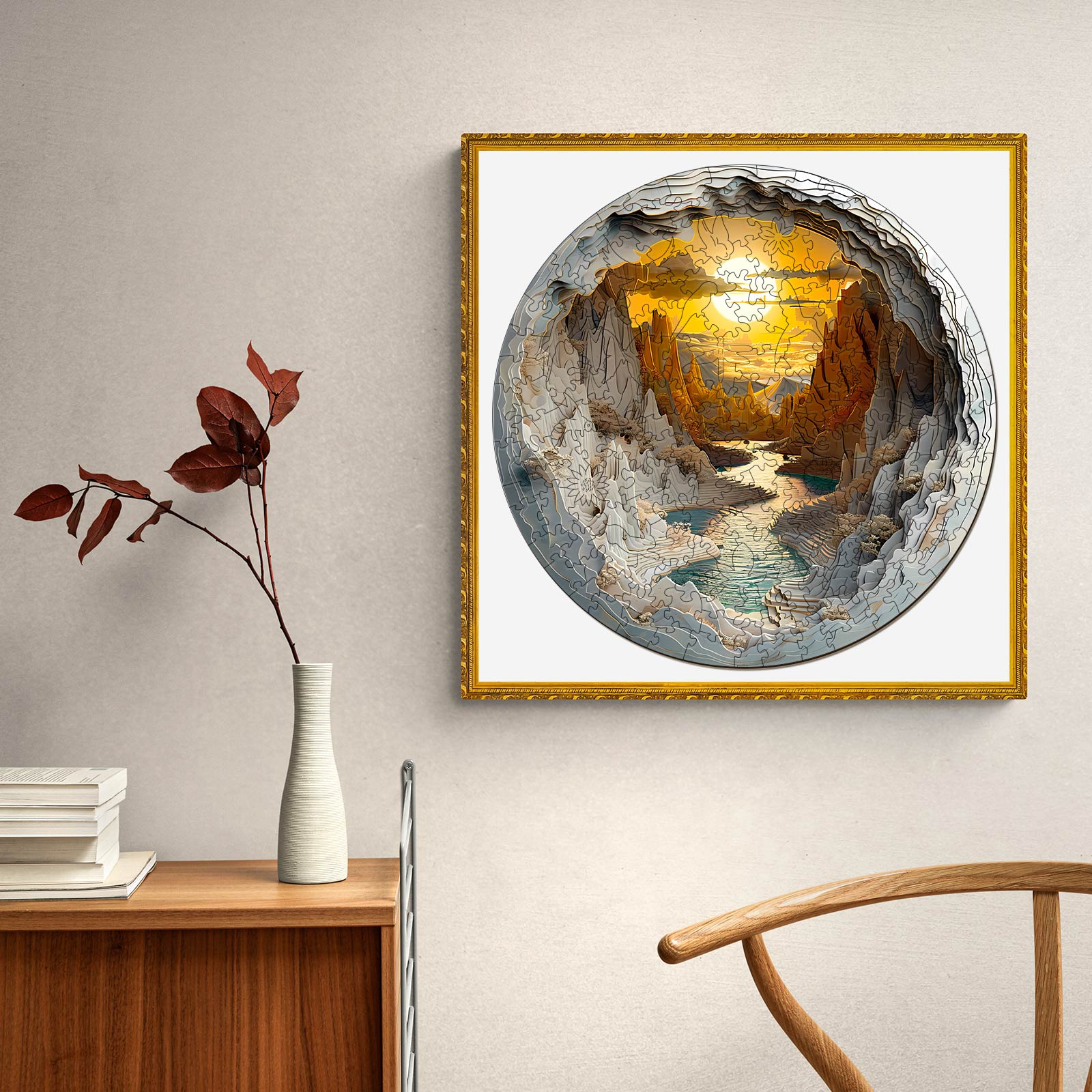3D vision inside the cave-1 wooden jigsaw puzzle displayed in a stylish interior, enhancing focus and creativity.