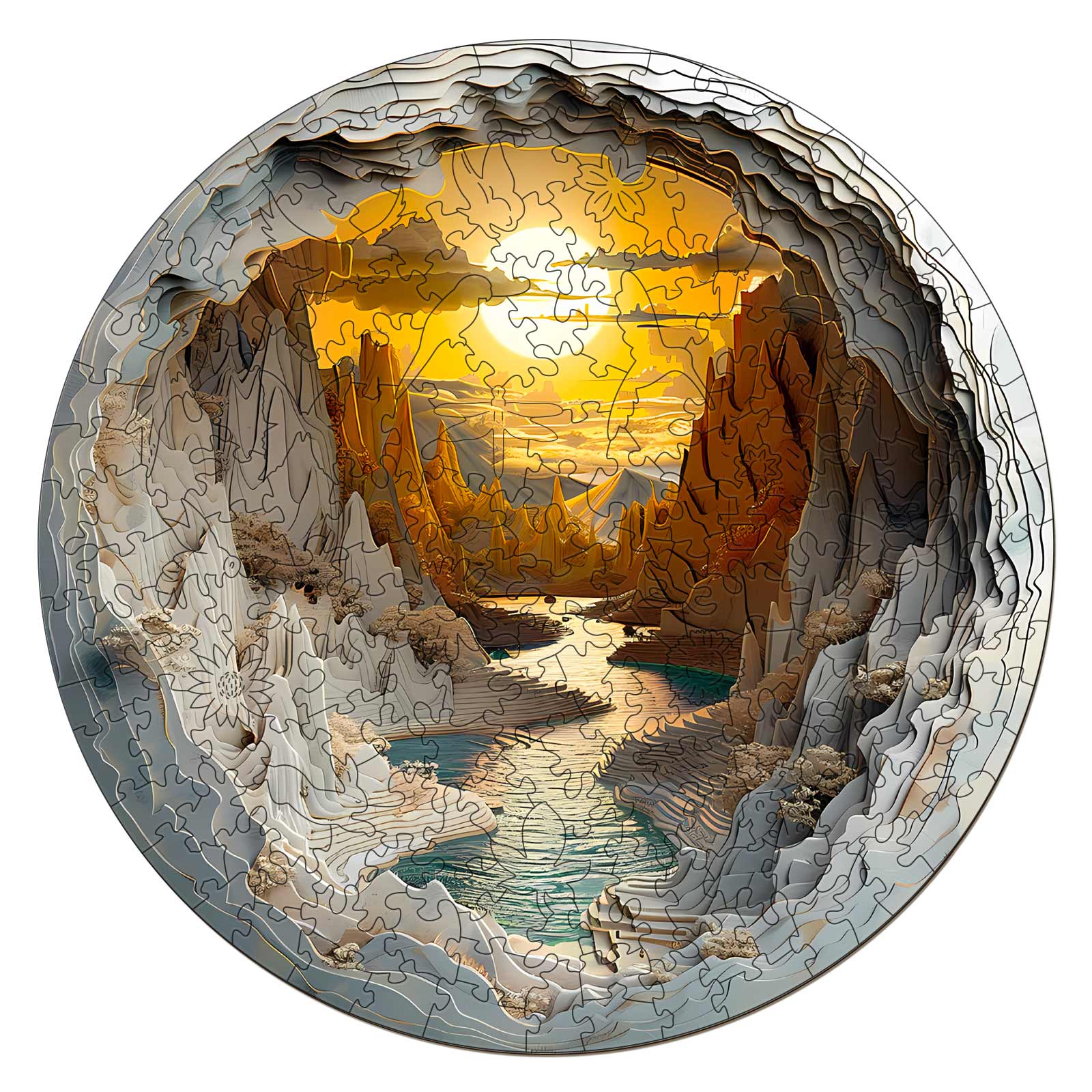 3D vision inside the cave-1 wooden jigsaw puzzle featuring a scenic river and sunset in a cave setting.