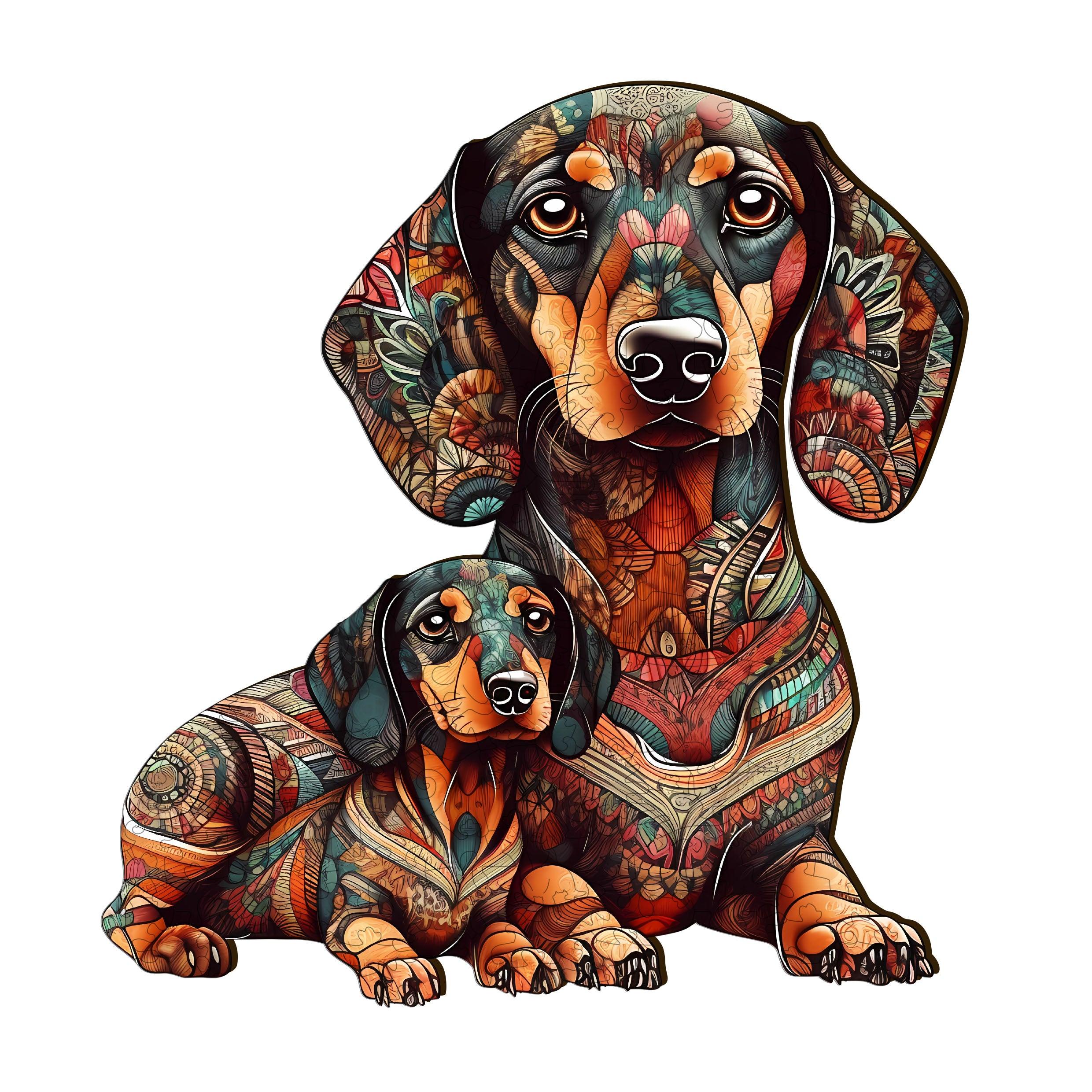 Colorful illustration of a Dachshund family, featuring intricate patterns and vibrant designs on the dogs.