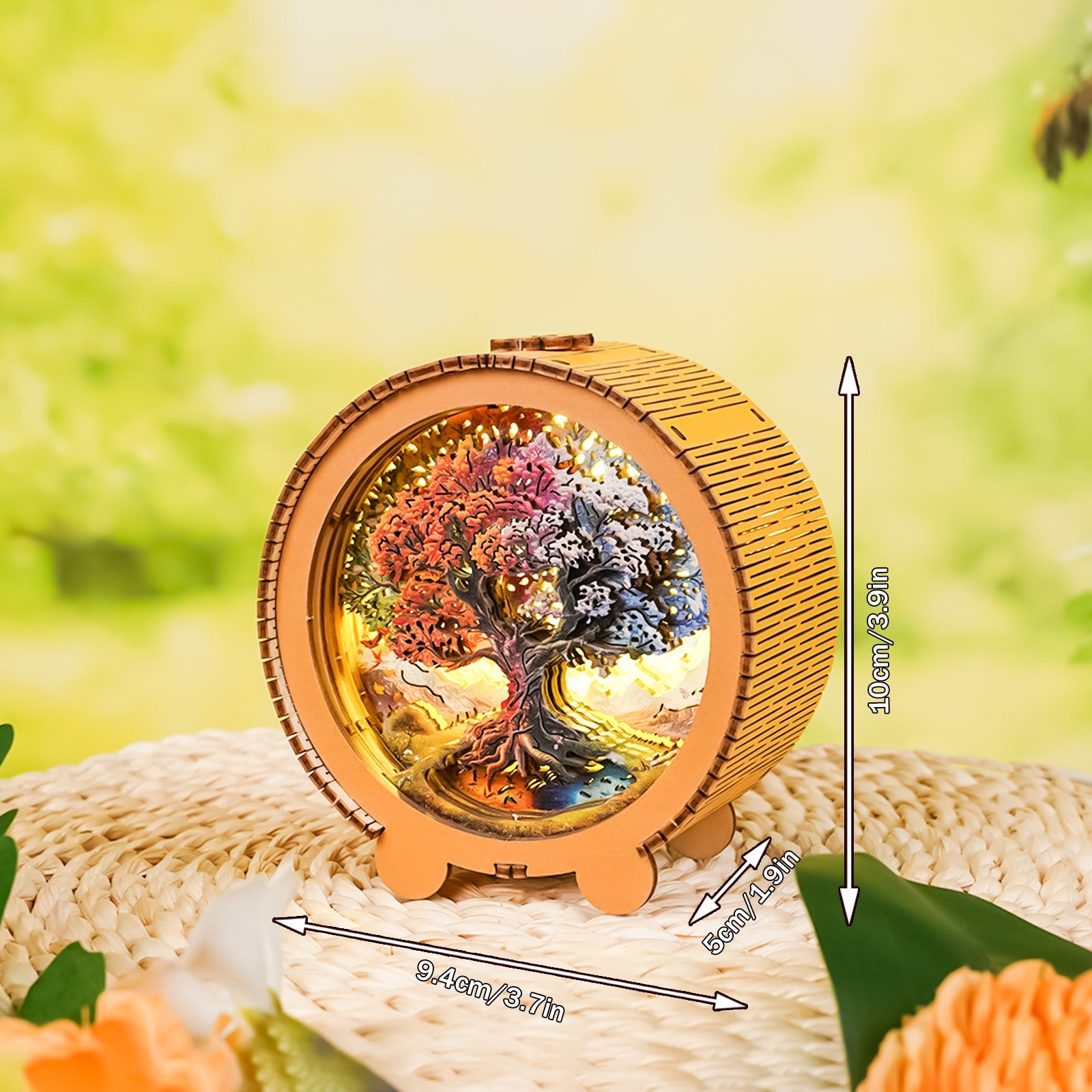 3D Wooden Puzzle Night Light featuring a colorful Tree of Life design, displayed on a textured table with natural background.