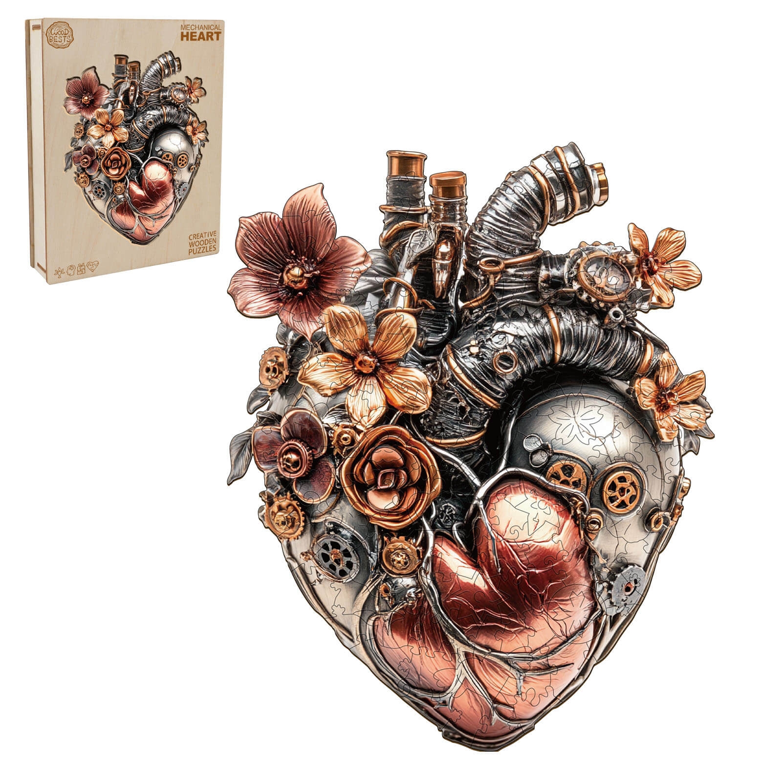 3D Mechanical Heart Wooden Jigsaw Puzzle featuring intricate floral design and metallic elements in vibrant colors.