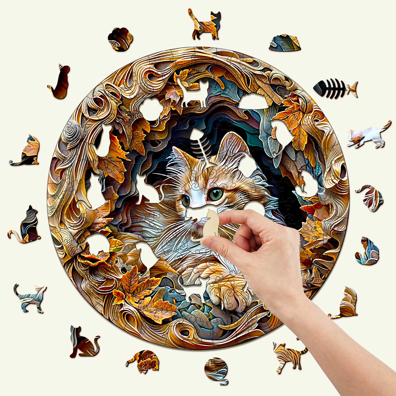 Person assembling a 3D Cat wooden jigsaw puzzle surrounded by colorful puzzle pieces, showcasing concentration and creativity.