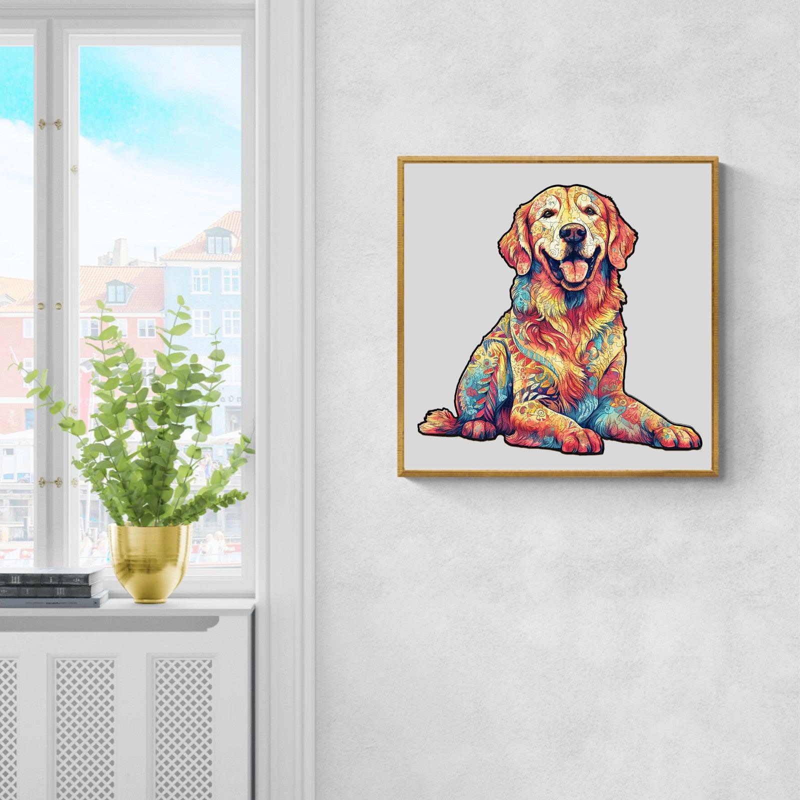 Colorful illustration of a happy Golden Retriever in a stylish frame on a wall, enhancing home decor.