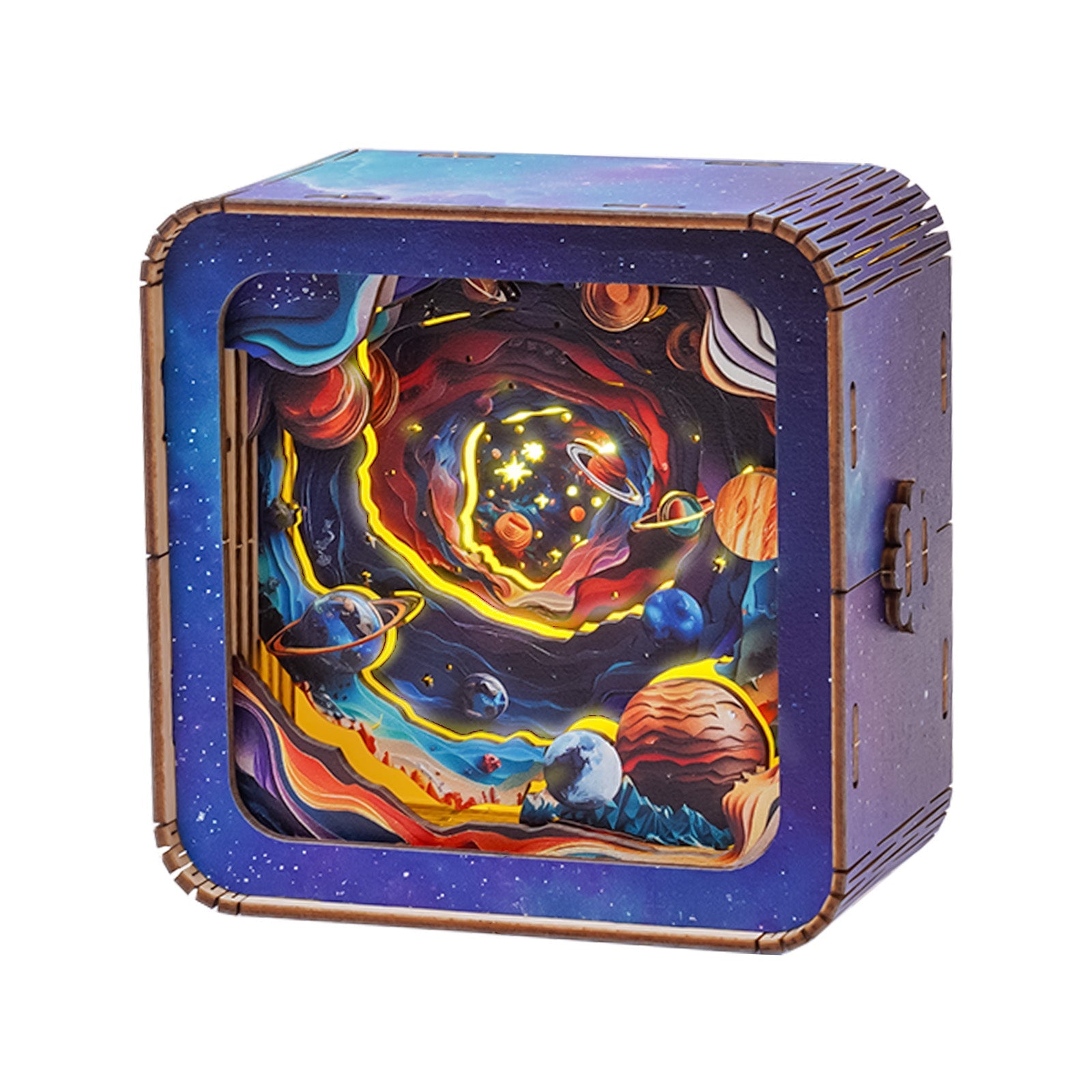 3D wooden puzzle night light featuring a colorful cosmic design with planets and swirling galaxies.