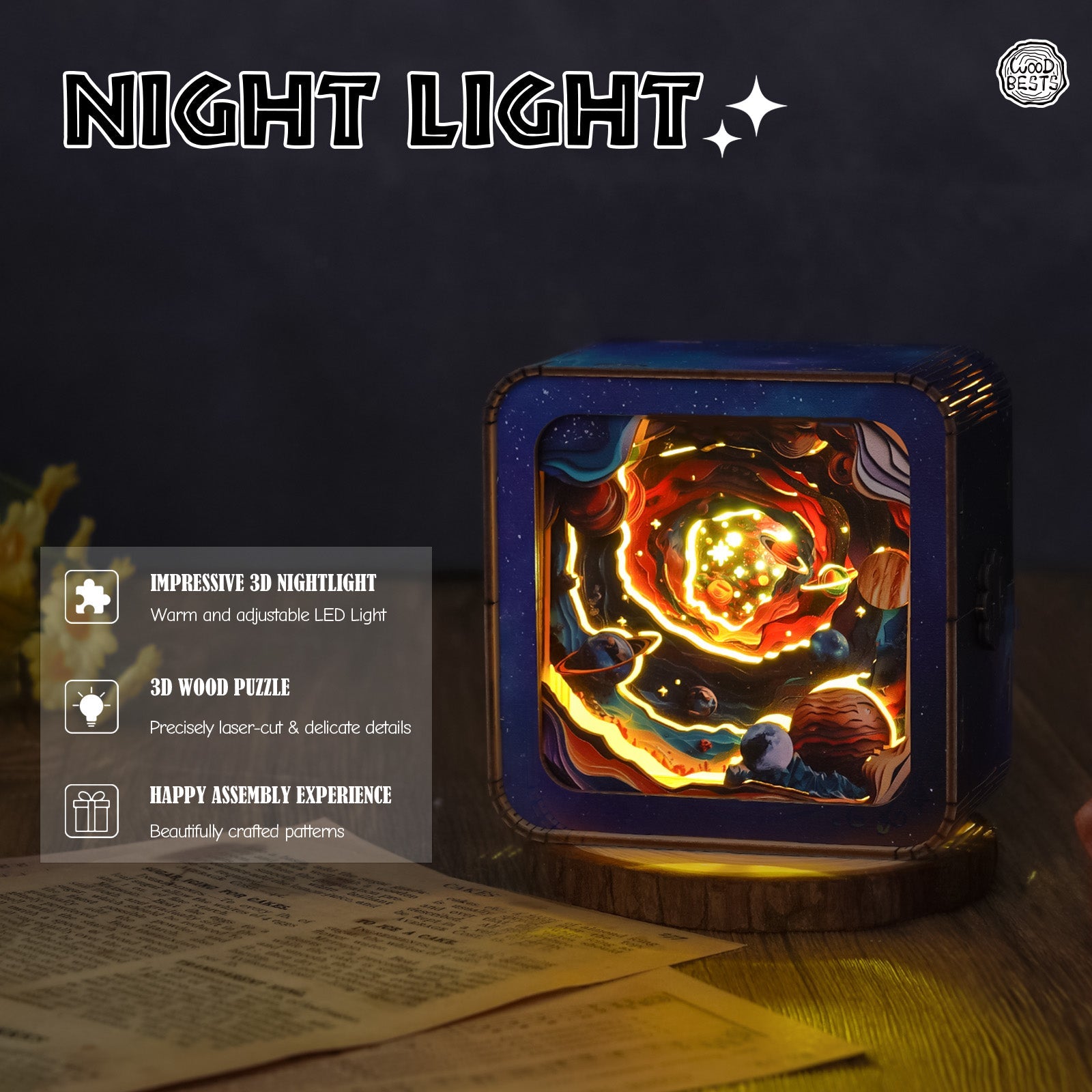 Cosmic Odyssey Kit - 3D wooden puzzle night light with warm LED, intricate details and beautiful patterns.