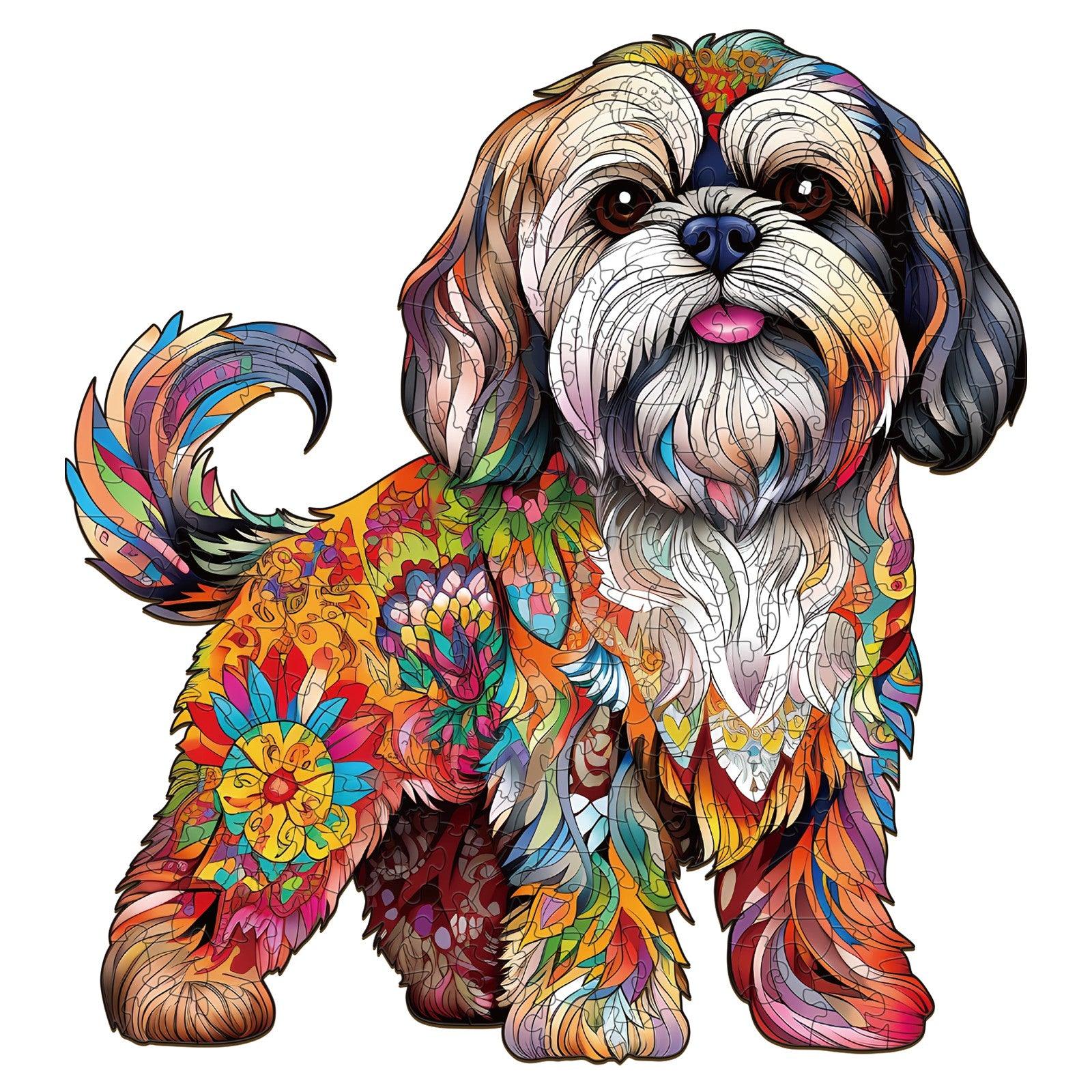 Colorful Shih Tzu wooden jigsaw puzzle featuring intricate designs and vibrant patterns.