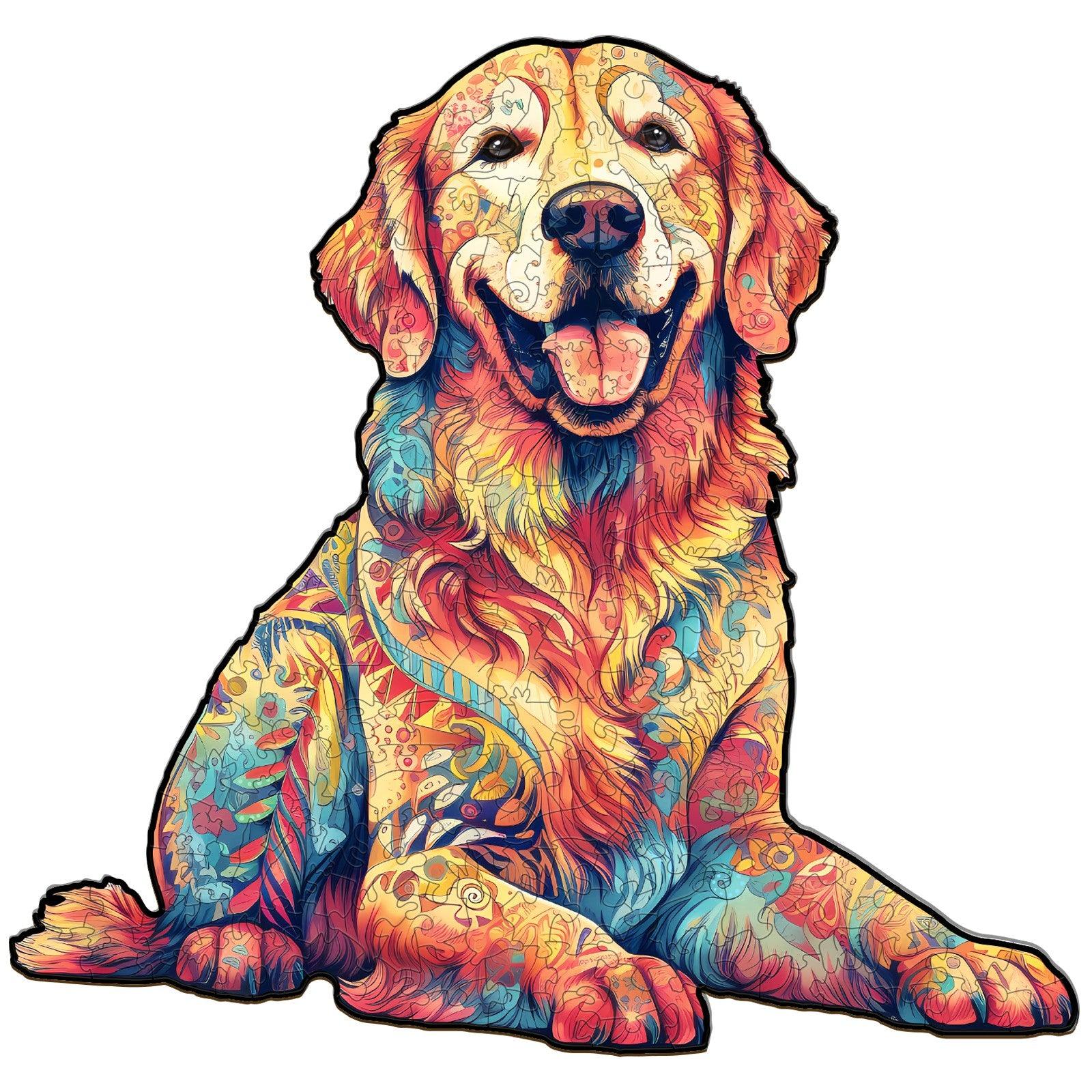 Vibrant wooden jigsaw puzzle featuring a colorful and intricate Golden Retriever design.