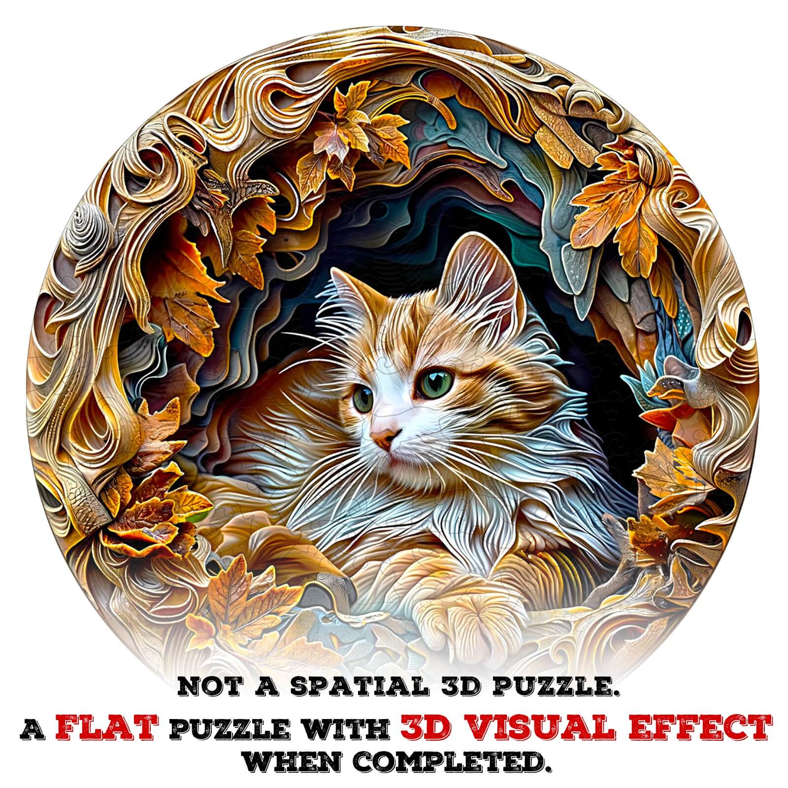 3D Cat Wooden Jigsaw Puzzle featuring a cat surrounded by autumn leaves, designed for enhanced focus and mental engagement.