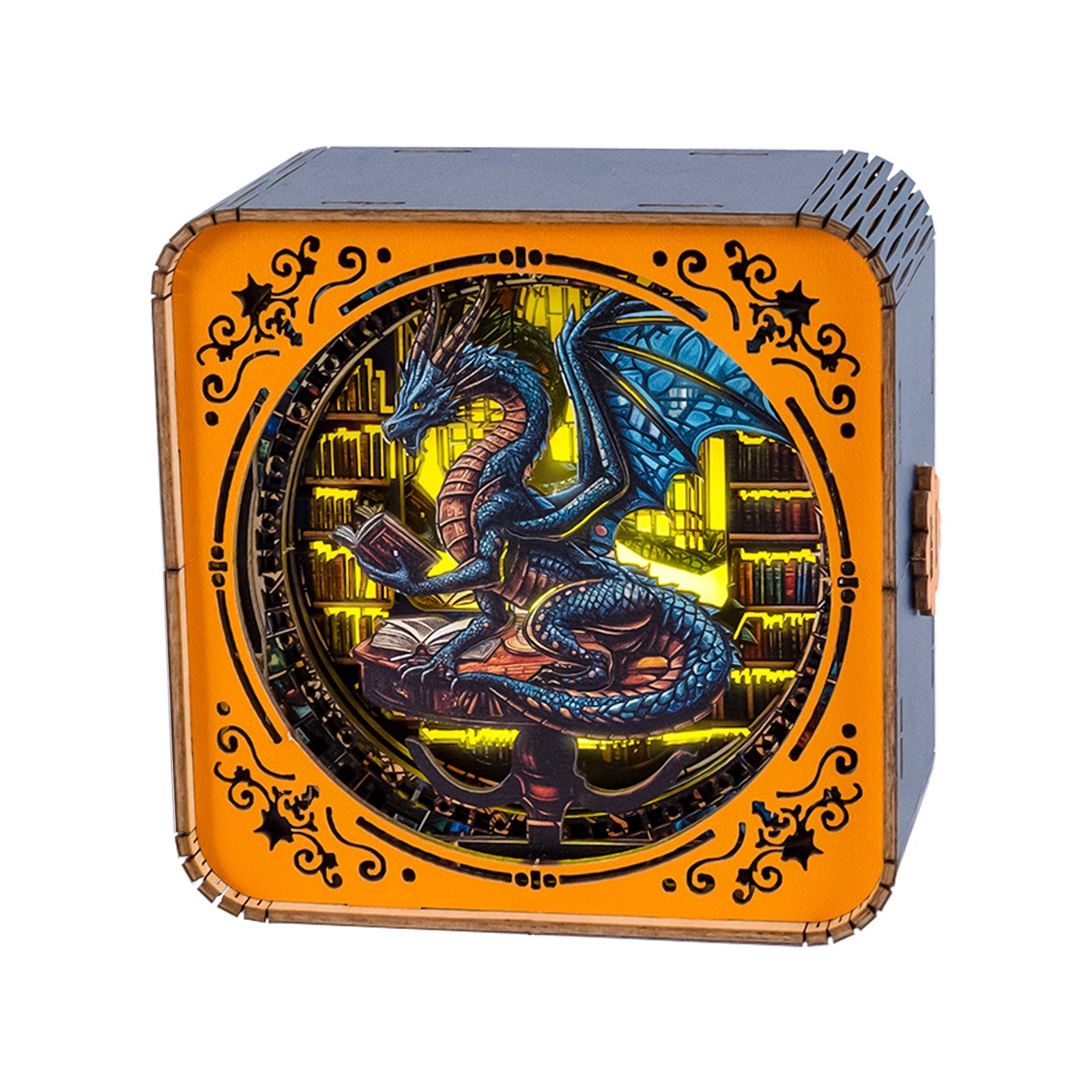 3D wooden puzzle night light featuring a blue dragon reading a book in a library setting.