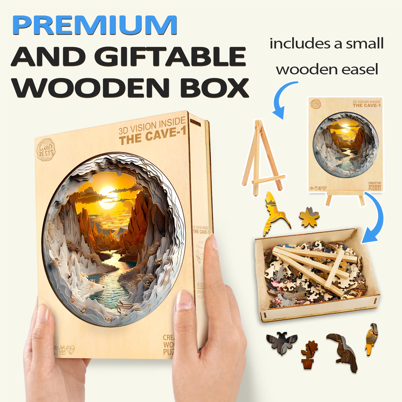 3D Vision Inside The Cave-1 Wooden Jigsaw Puzzle in a premium gift box, includes wooden easel and colorful pieces.