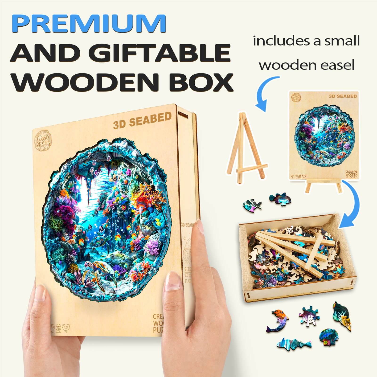 3D Seabed wooden jigsaw puzzle in a premium gift box, featuring vibrant underwater scenery and a small wooden easel.