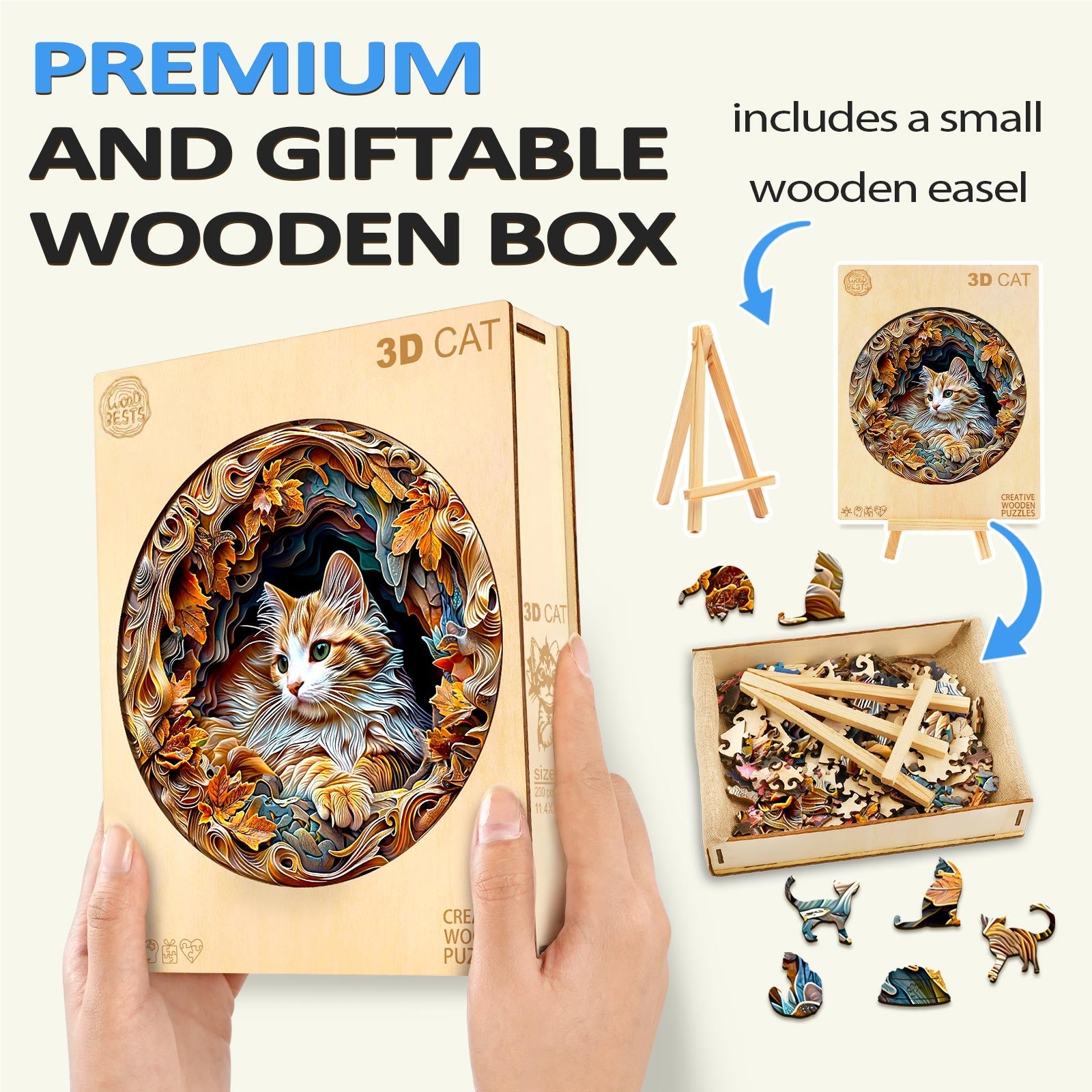 3D Cat wooden jigsaw puzzle in a premium gift box with included easel, perfect for puzzle lovers and gift giving.