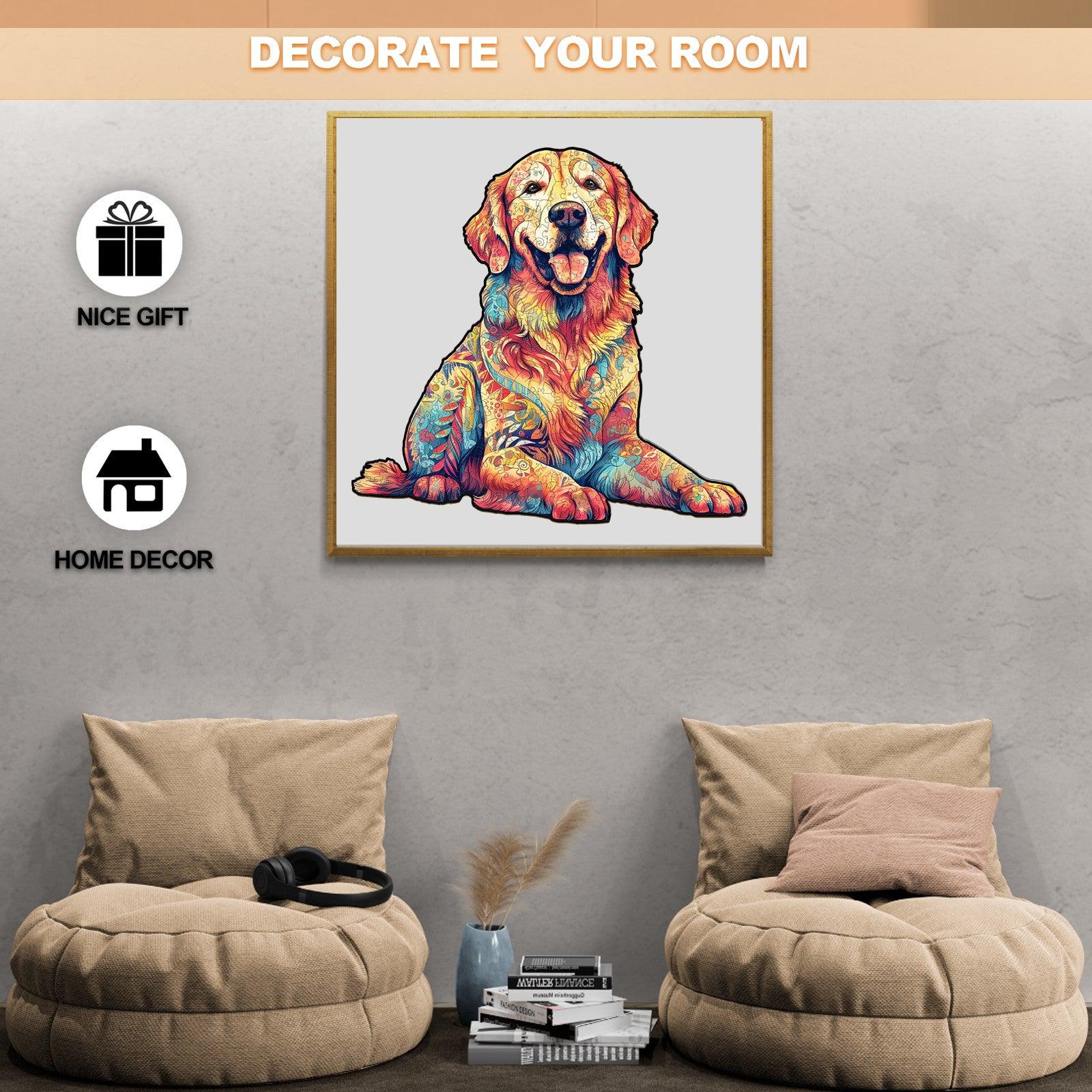Colorful artwork of a golden retriever, perfect for home decor and a thoughtful gift.