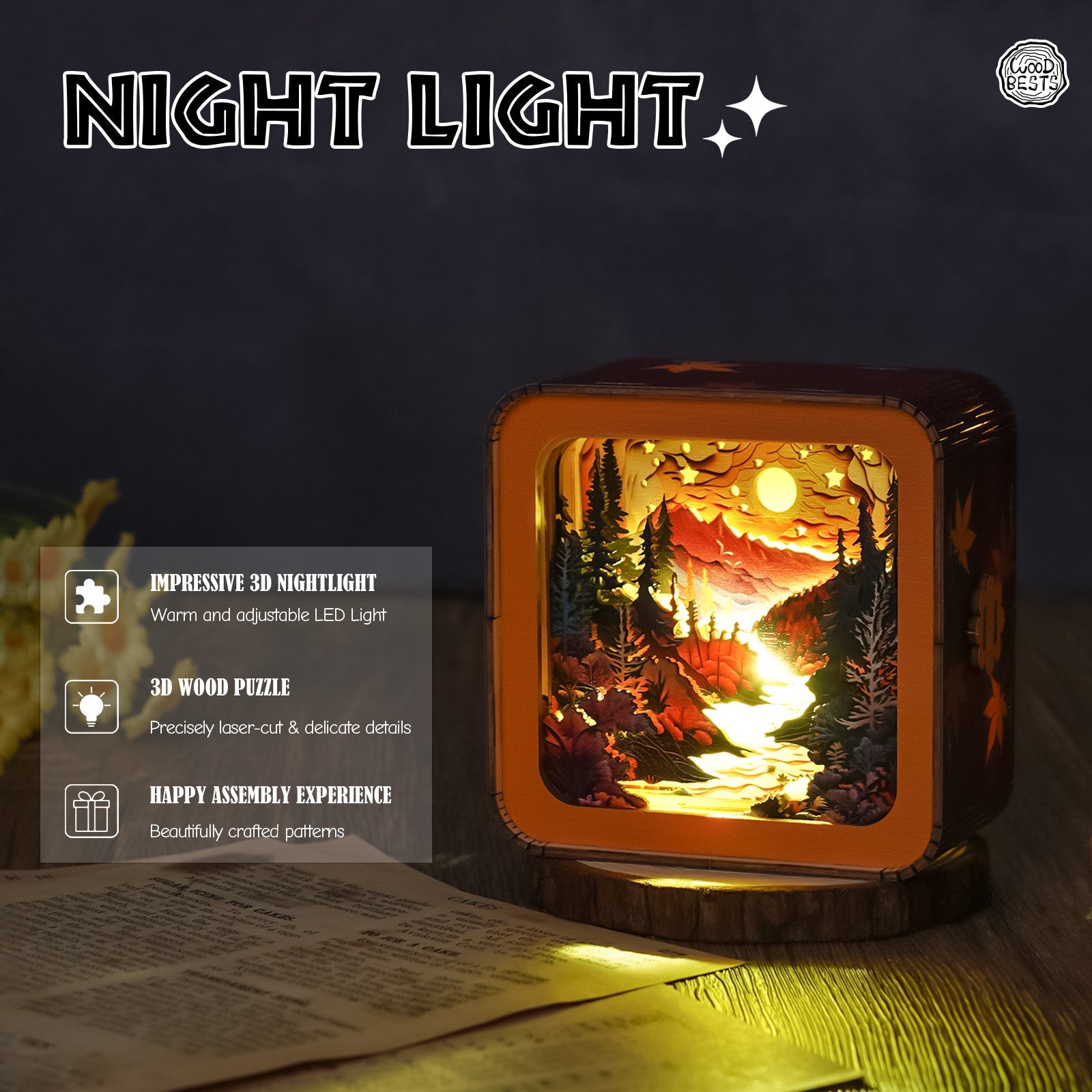 3D wooden puzzle night light showing a forest sunset scene with warm LED lighting and intricate details.