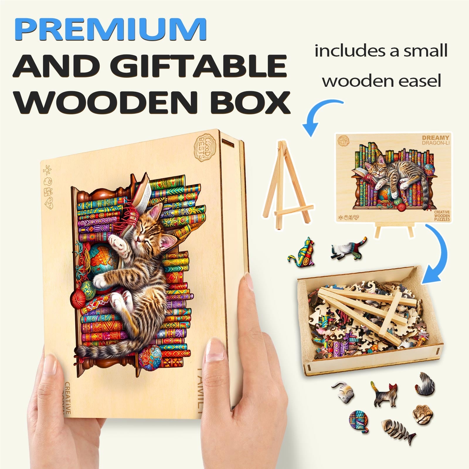 Premium wooden box for the Dreamy Cat-Li jigsaw puzzle, includes a small easel for display and easy storage.