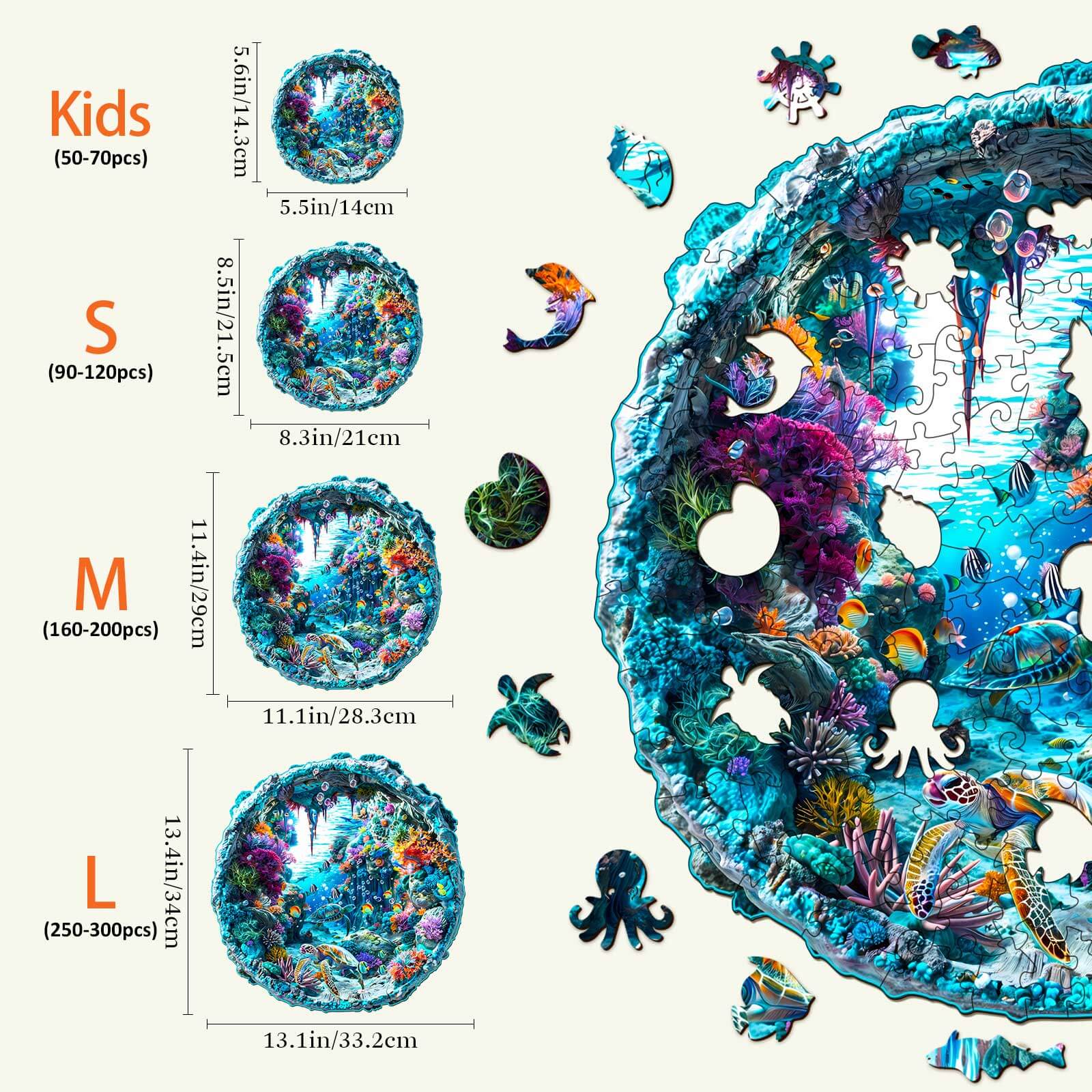 3D Seabed Wooden Jigsaw Puzzle sizes for kids and adults, showcasing vibrant underwater scenes and puzzle piece dimensions.