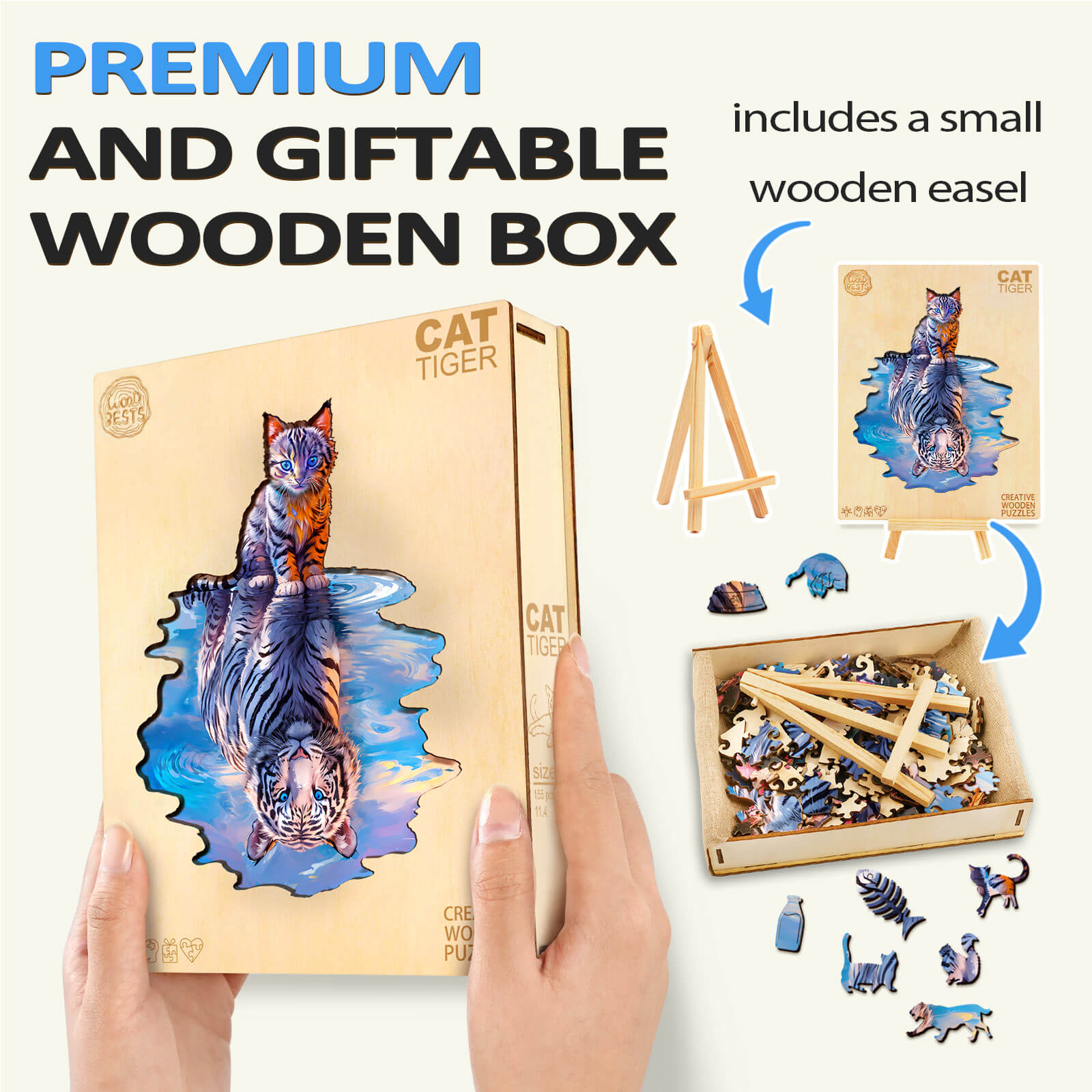Cat Tiger wooden jigsaw puzzle in a giftable wooden box with included easel, perfect for mind games and focus.
