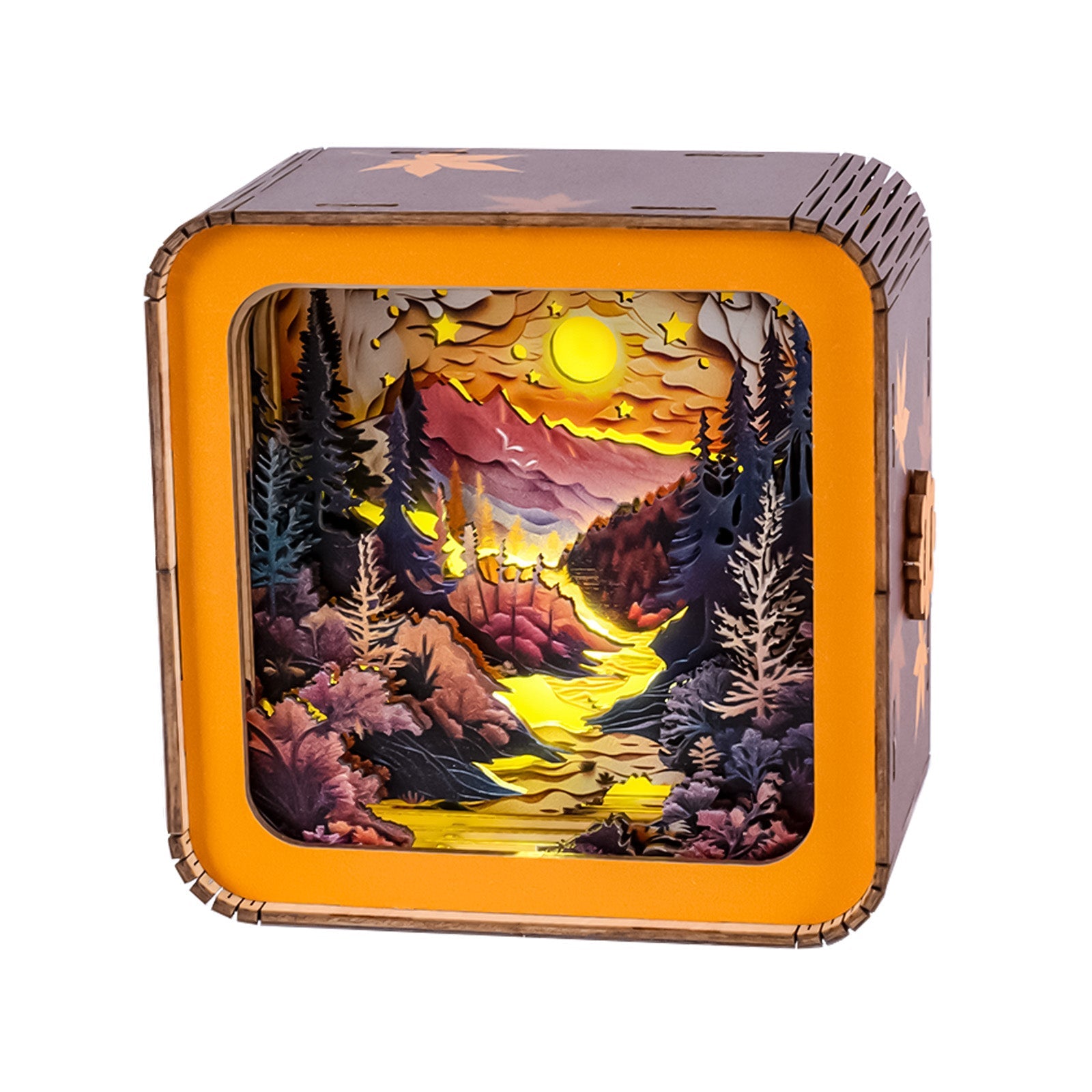 3D wooden puzzle night light featuring a vibrant forest sunset landscape with mountains and a flowing river.