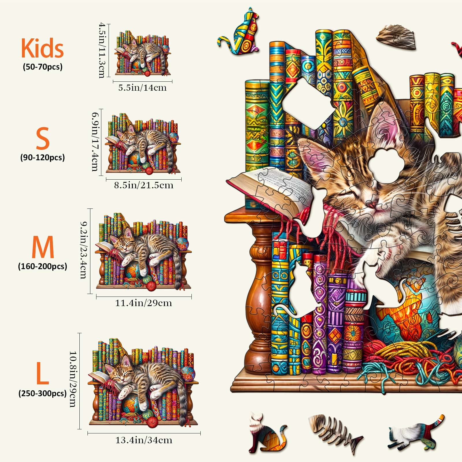 Dreamy Cat-Li Wooden Jigsaw Puzzle size guide with colorful book background and playful cats across four puzzle sizes.
