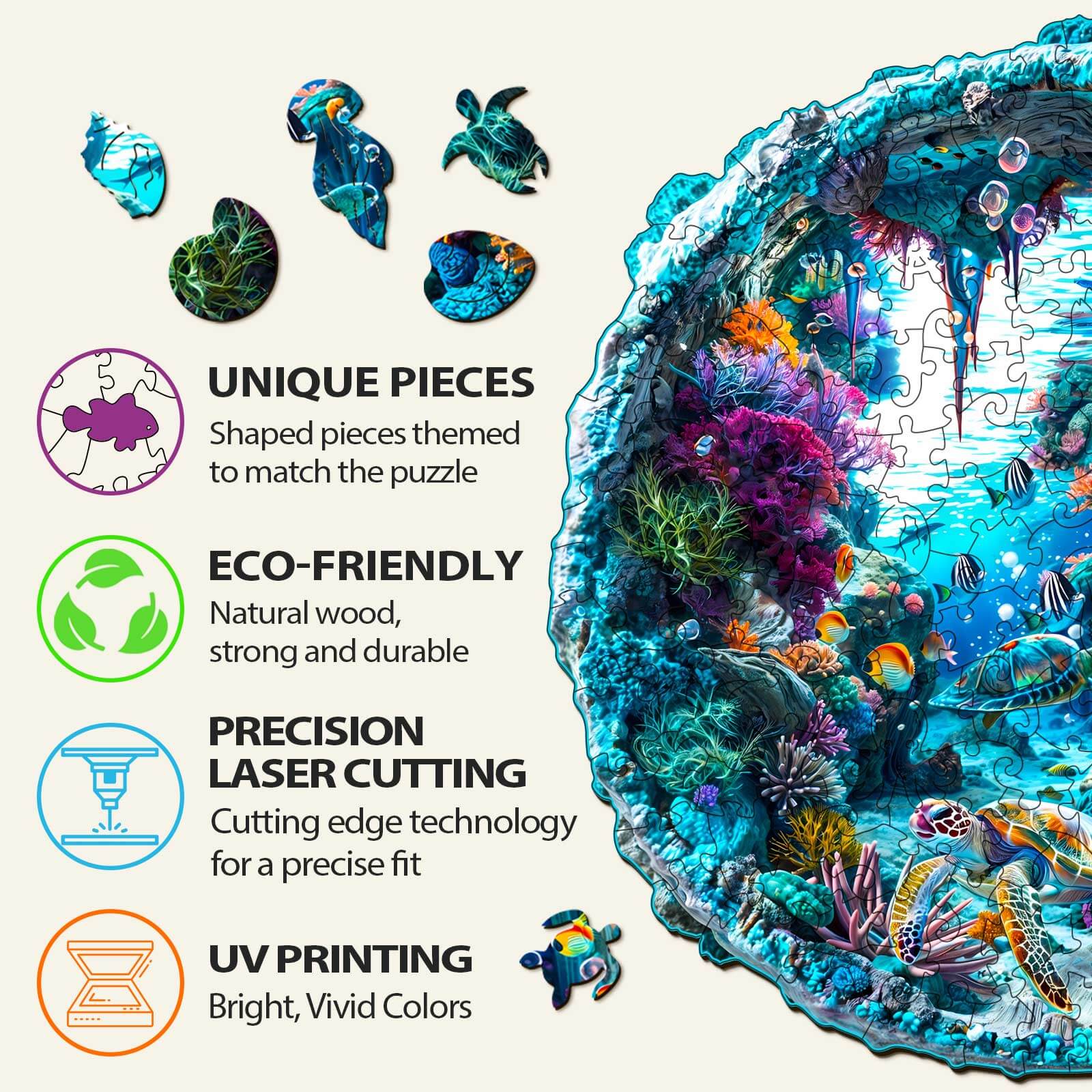 3D Seabed Wooden Jigsaw Puzzle showcasing unique, eco-friendly pieces with vibrant colors and precision laser cutting.