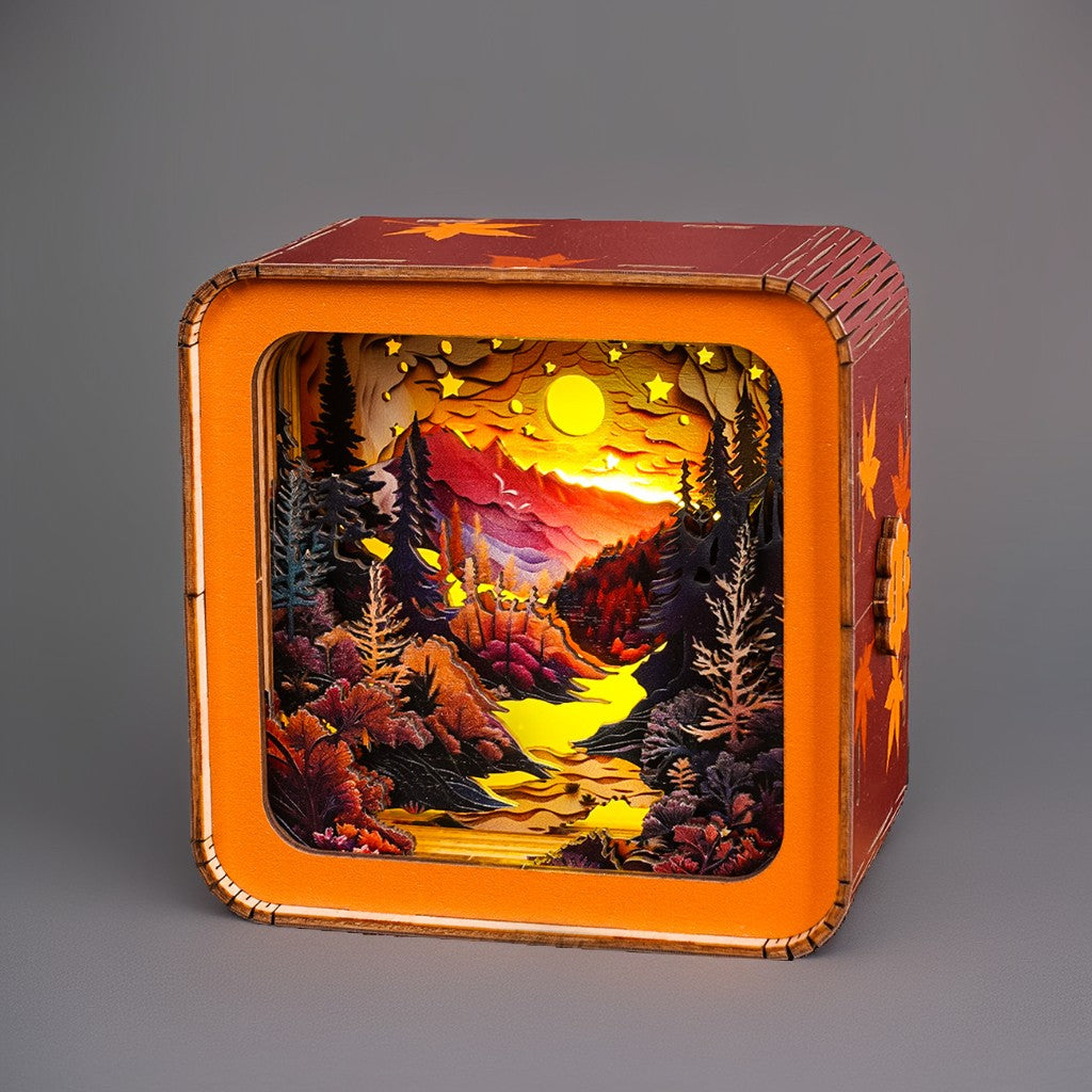Forest Sunset Kit 3D wooden puzzle night light showcasing a colorful sunset landscape with trees and stars.