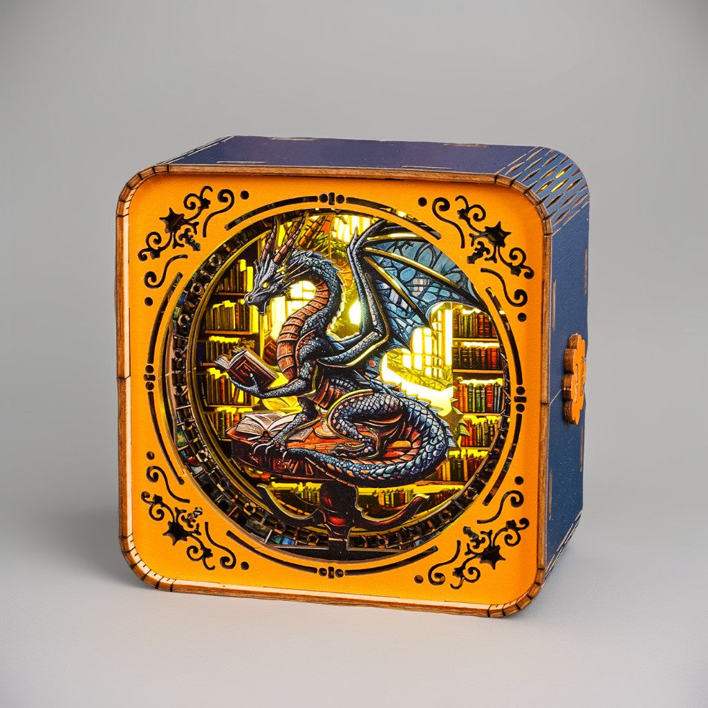 3D wooden puzzle night light featuring a colorful dragon amid bookshelves, perfect for library-themed decor.