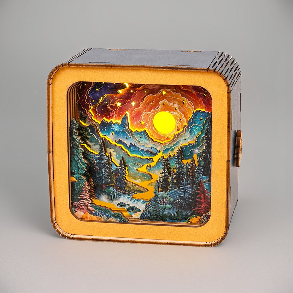 Golden River Forest 3D wooden puzzle night light featuring vibrant landscape artwork and warm glowing effects.