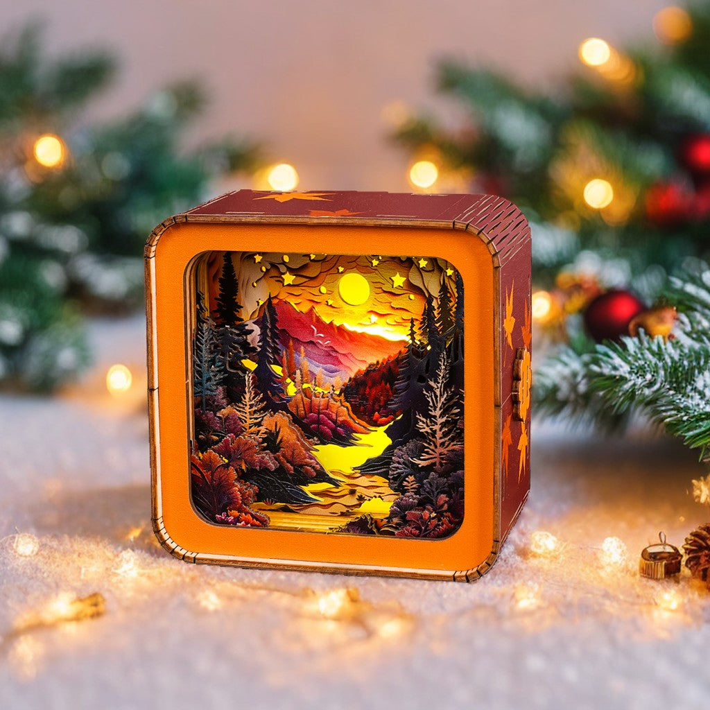 Forest Sunset 3D wooden puzzle night light showcasing a serene landscape with trees and mountains, illuminated by soft glow.
