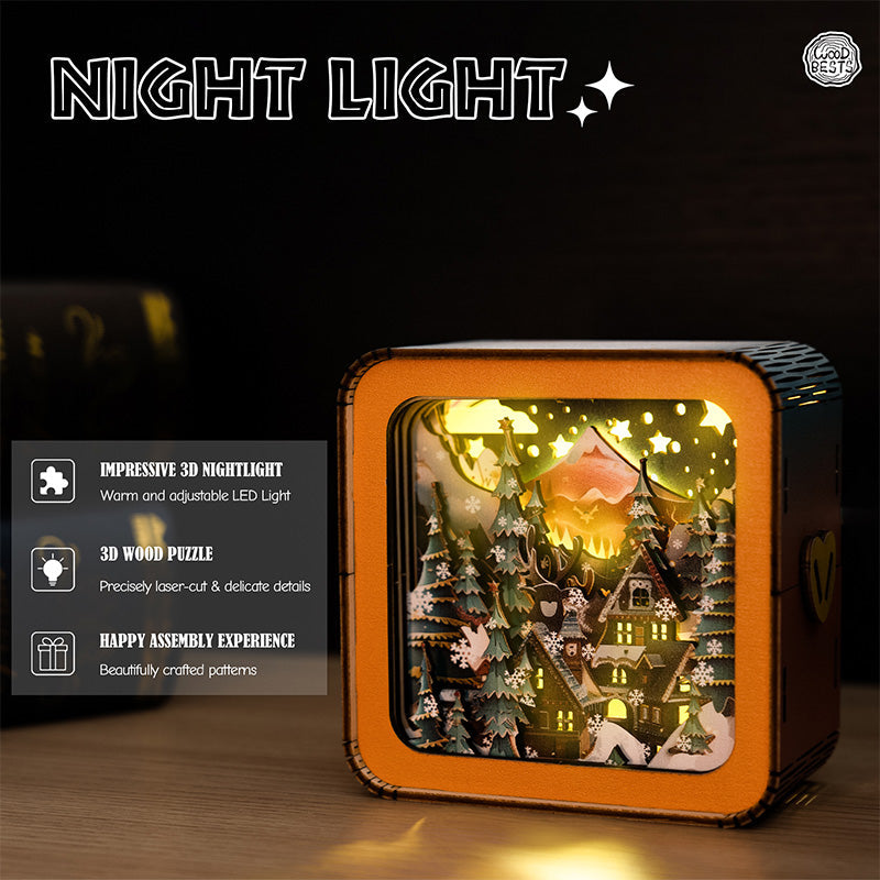 Warm 3D wooden puzzle night light featuring intricate details and warm LED illumination for a festive atmosphere.
