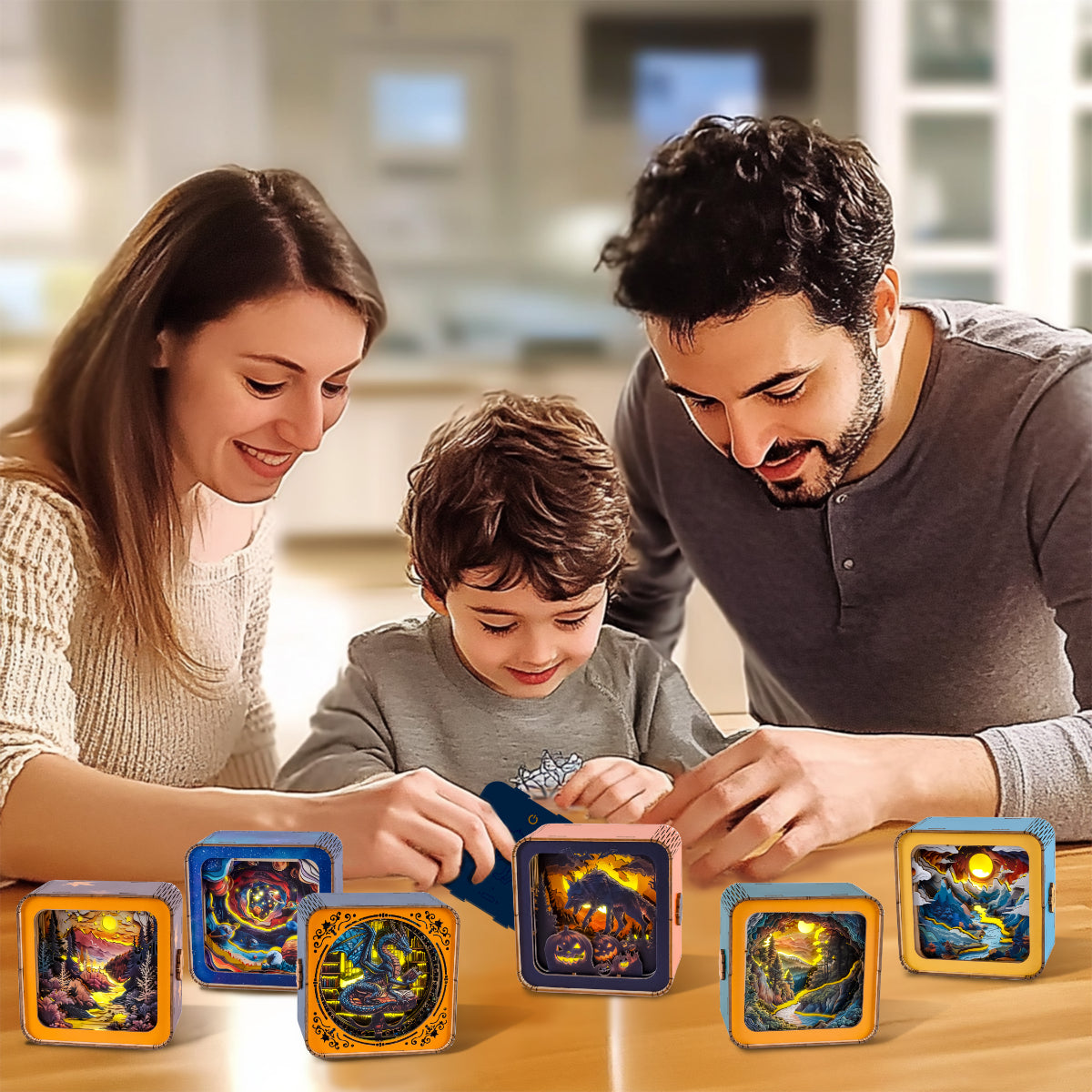 Family engaging in creative play with 3D wooden puzzles, enjoying quality time together at a table.