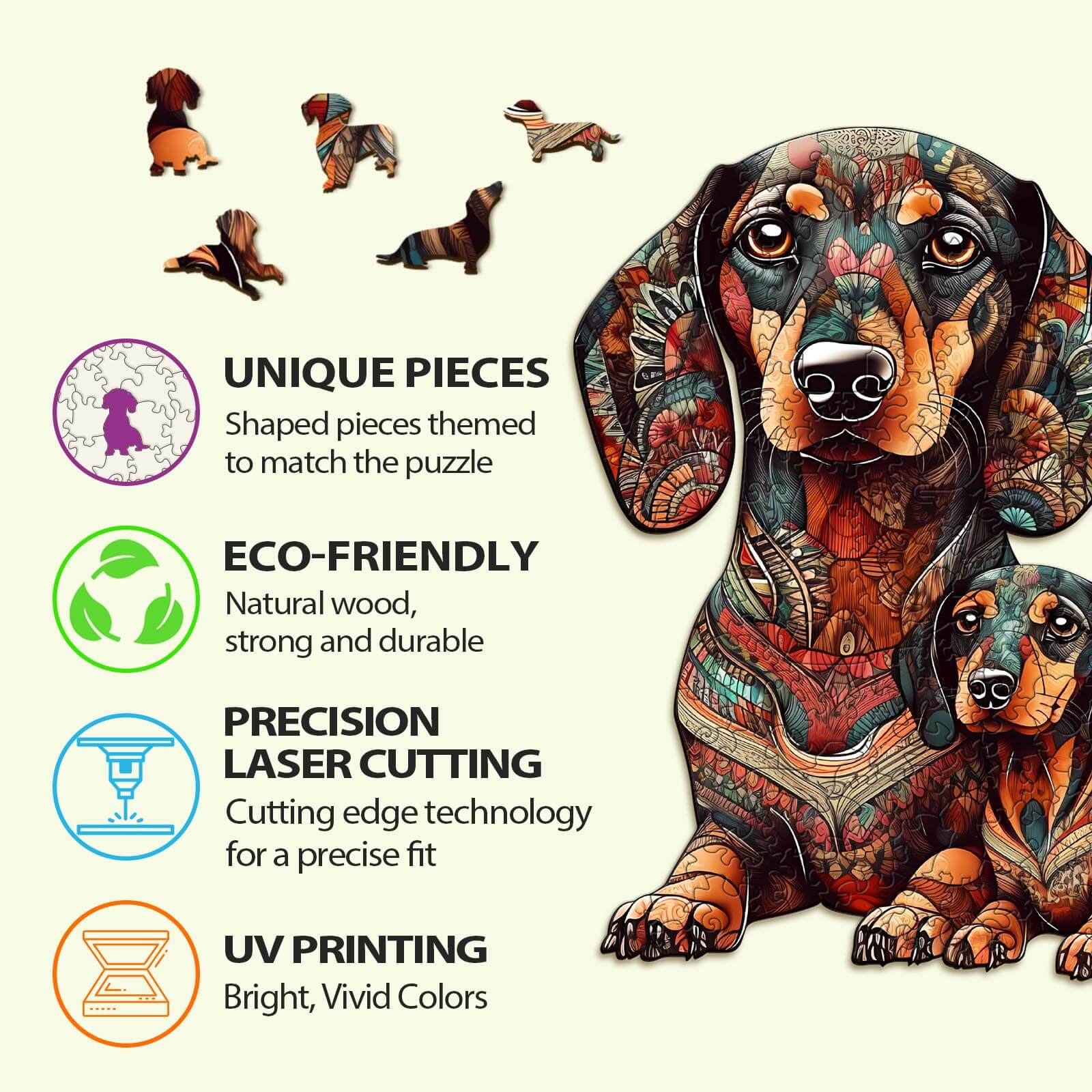Dachshund family wooden jigsaw puzzle features unique eco-friendly pieces with precision laser cutting and vibrant UV printing.