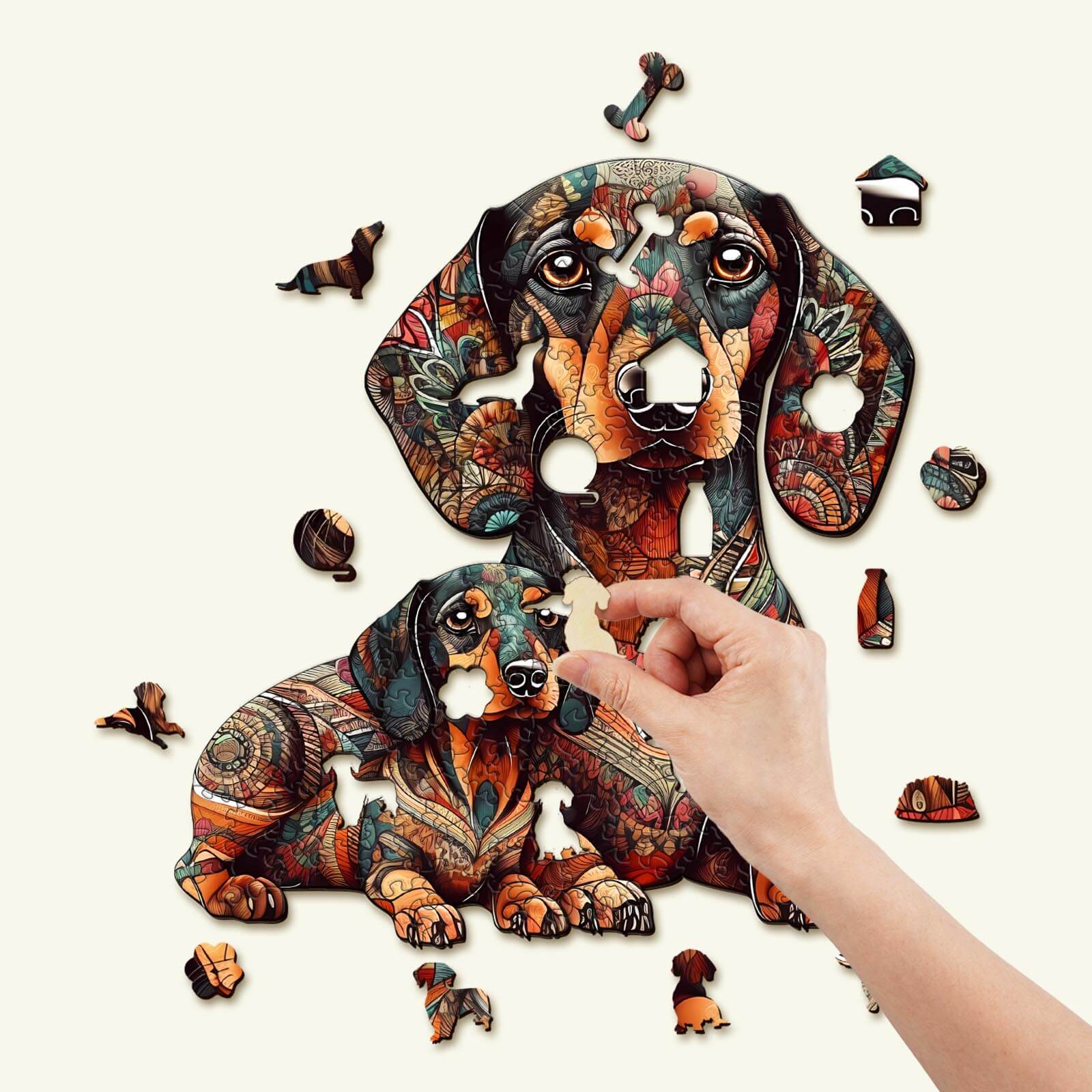 Hand placing a piece in a vibrant wooden Dachshund jigsaw puzzle featuring colorful and unique animal shapes.