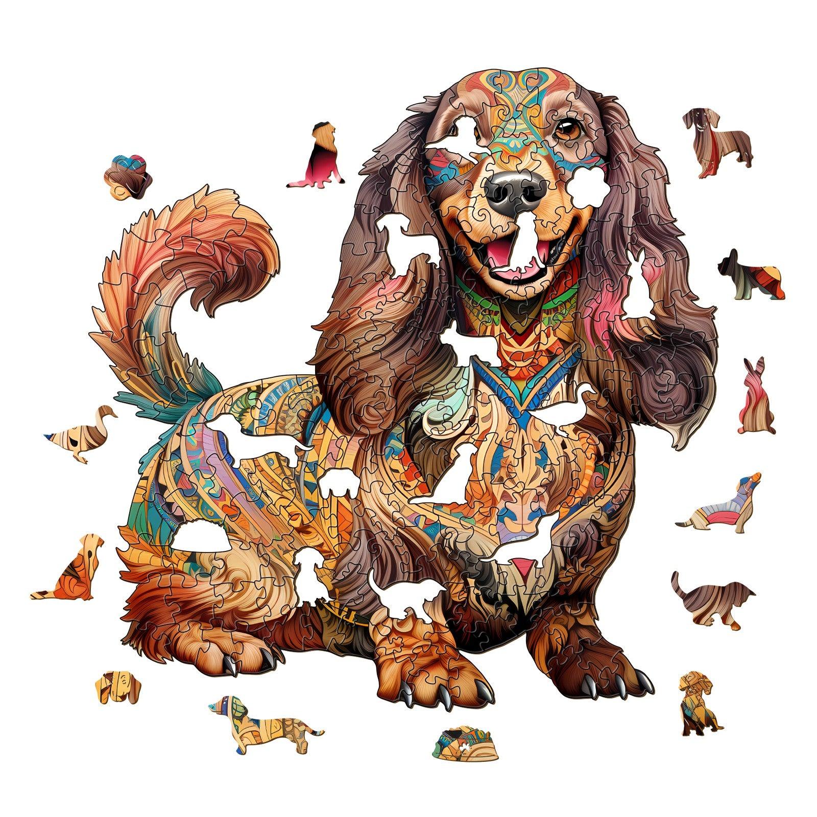 Colorful long-haired Dachshund wooden jigsaw puzzle pieces, featuring detailed dog illustrations.