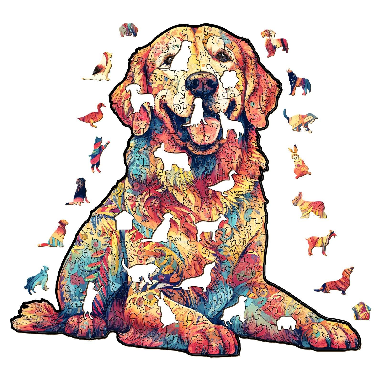 Vibrant wooden jigsaw puzzle featuring a colorful Golden Retriever design and unique animal-shaped pieces.