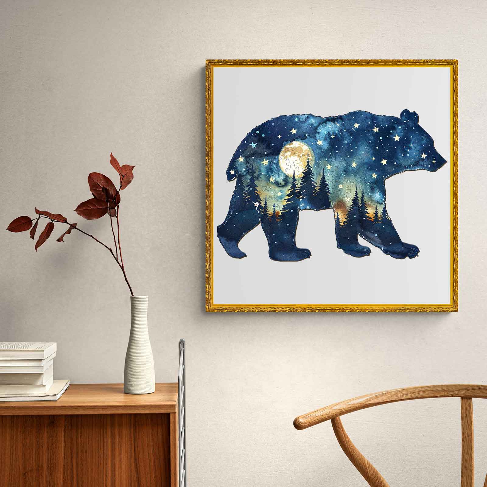 Astral Bear wooden jigsaw puzzle artwork with starry sky and trees in a cozy home setting.