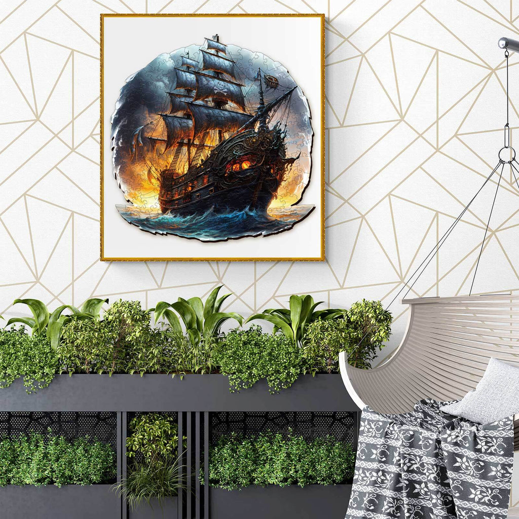 Sailing ship artwork displayed in a modern interior with lush plants and a cozy hanging chair.