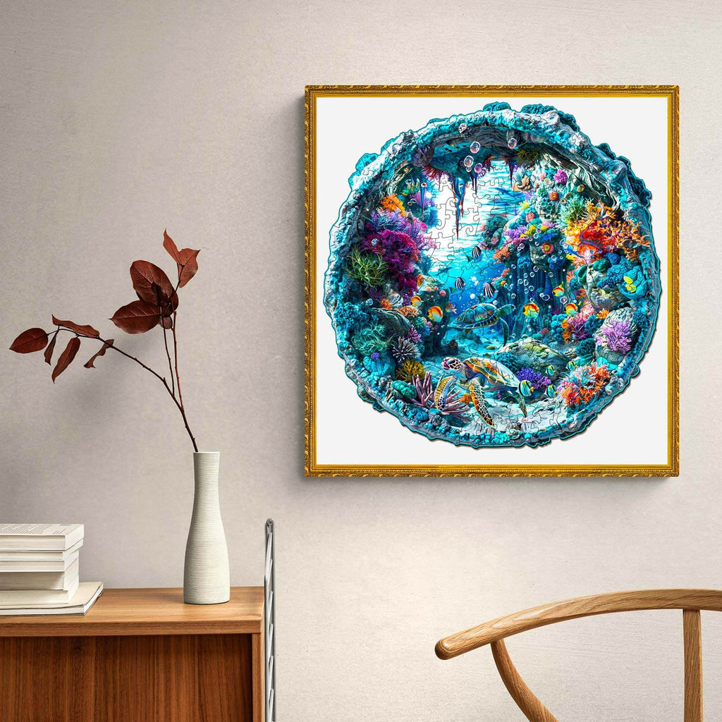 3D Seabed Wooden Jigsaw Puzzle displayed on a wall, showcasing vibrant marine life and colorful corals.