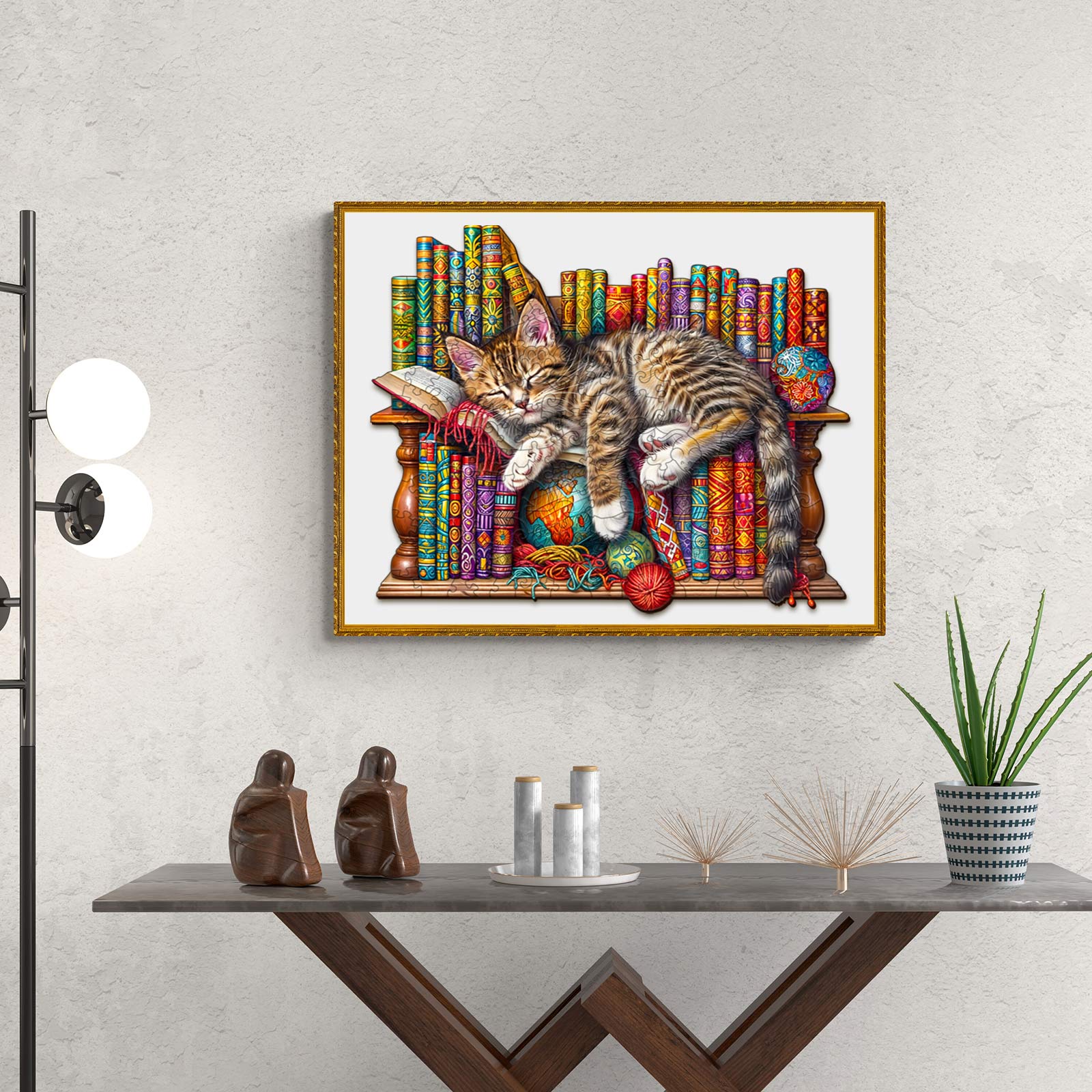 Colorful tabby cat sleeping on a bookshelf filled with vibrant books in a cozy modern living room.