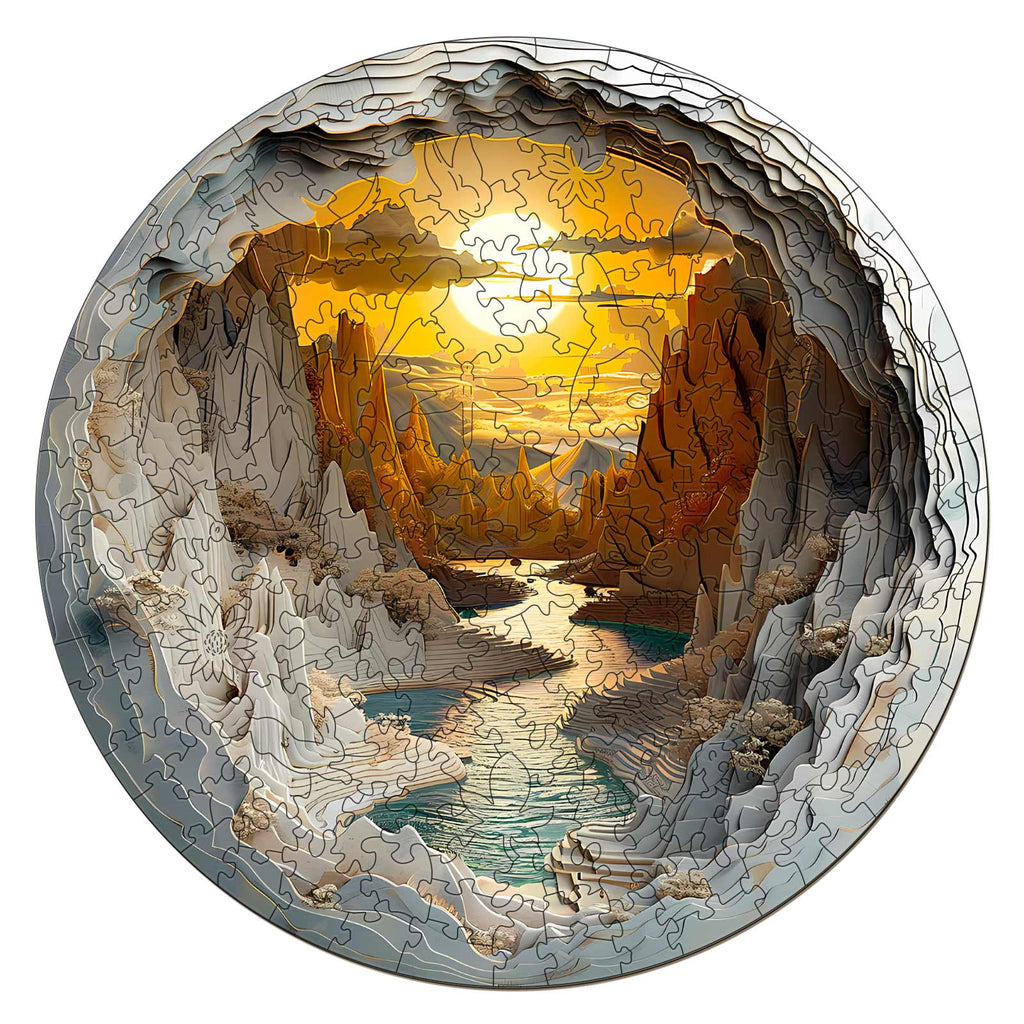 3D vision inside the cave-1 wooden jigsaw puzzle featuring a scenic river and sunset in a cave setting.