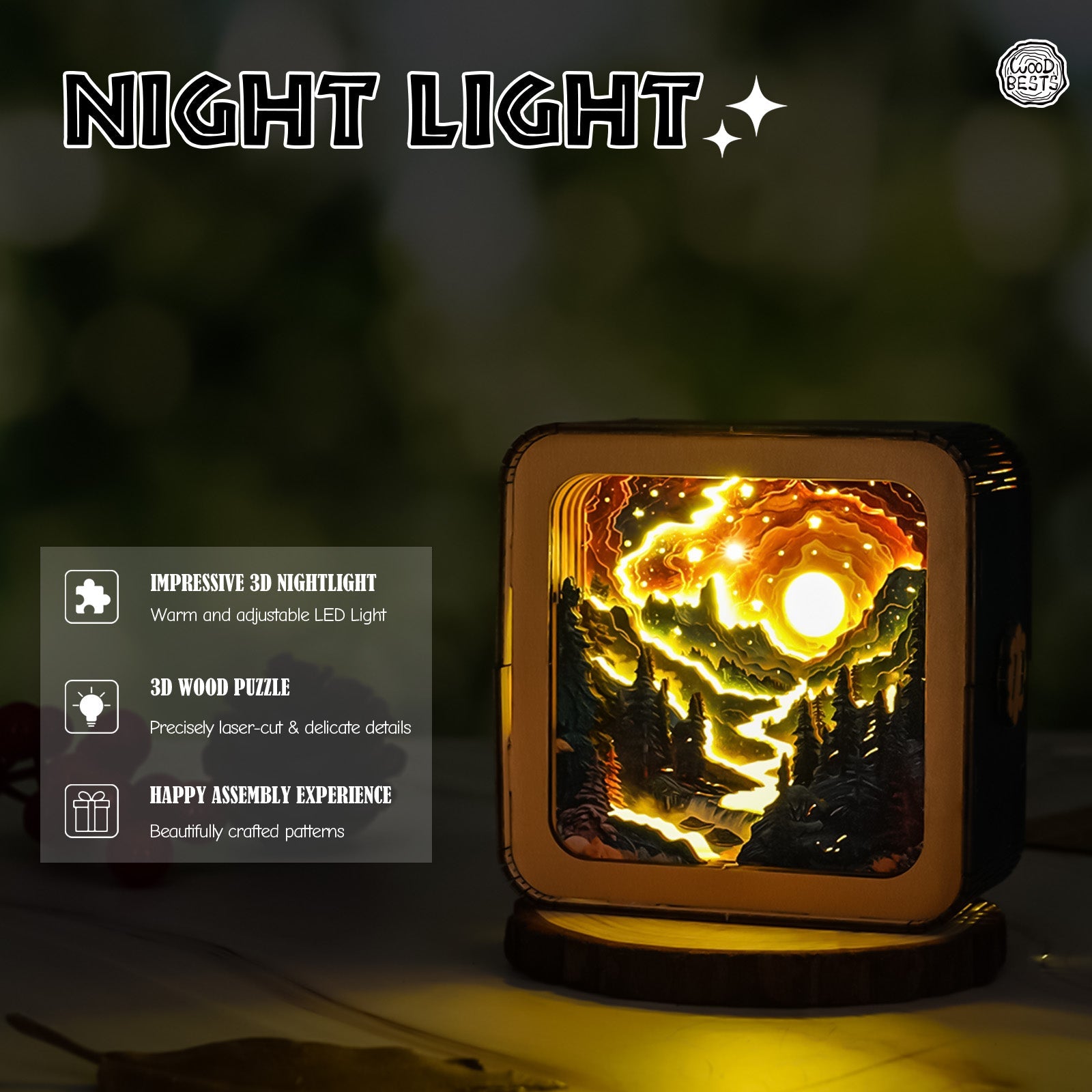 Golden River 3D wooden puzzle night light glowing warmly in a forest setting, showcasing intricate laser-cut details.