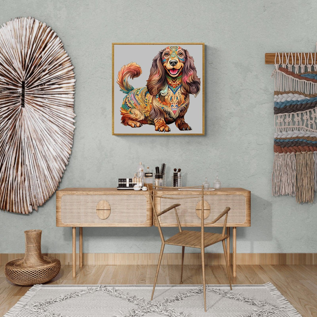 Colorful Long-haired Dachshund wooden jigsaw puzzle displayed in a stylish living room setting.