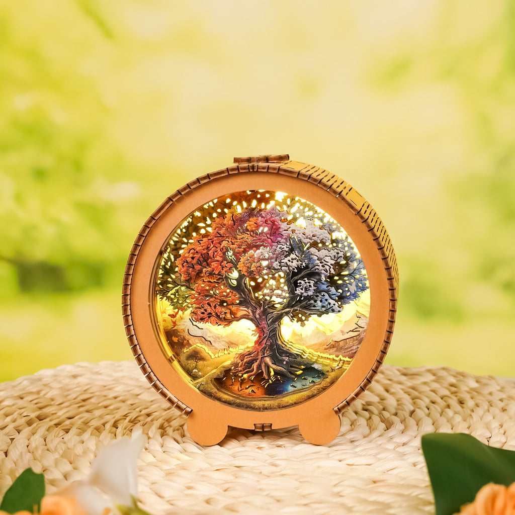 3D wooden puzzle night light featuring a vibrant Tree of Life design, showcasing intricate details and warm, colorful illumination.