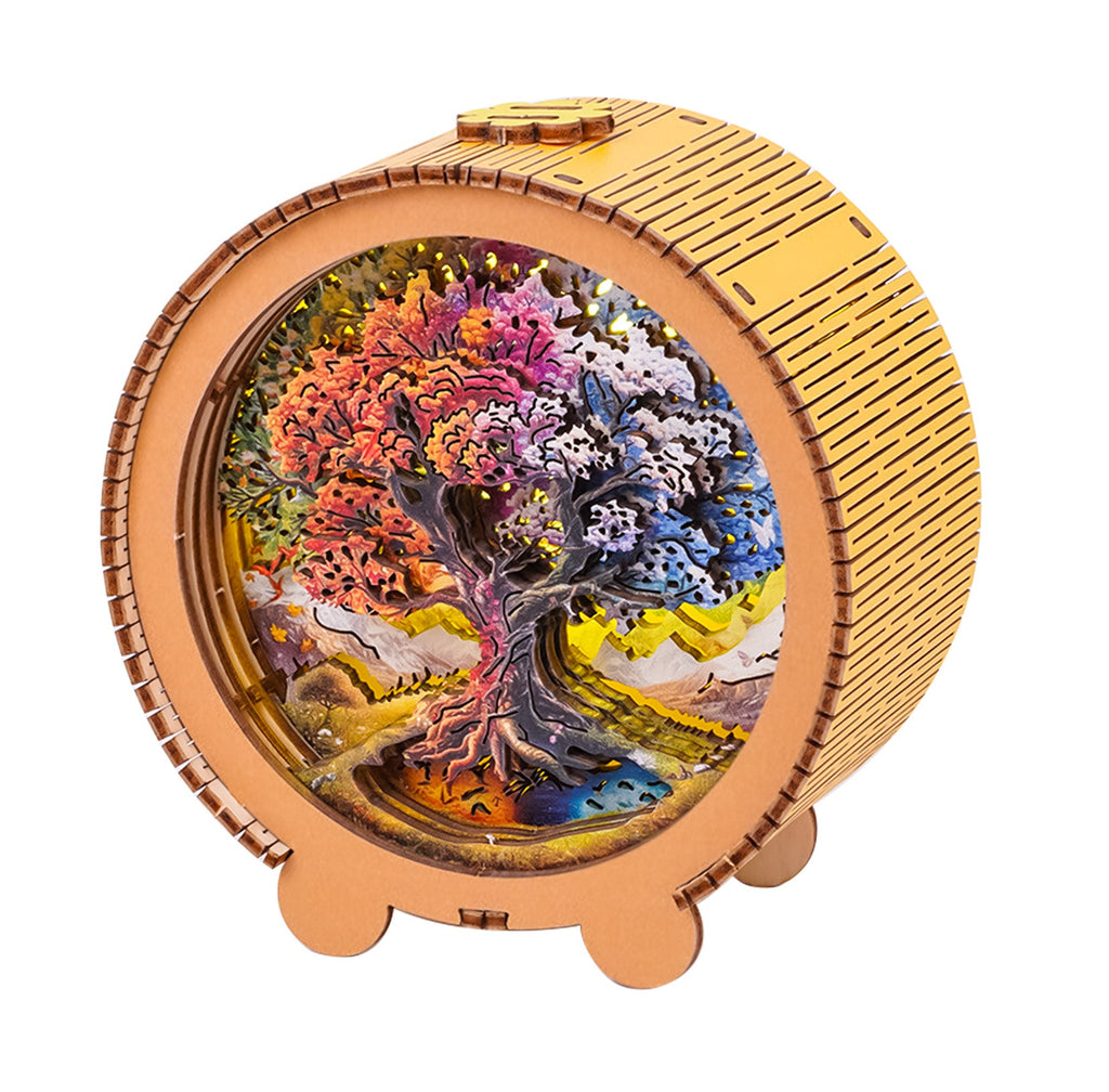 3D wooden puzzle night light featuring a colorful Tree of Life inside a circular design.