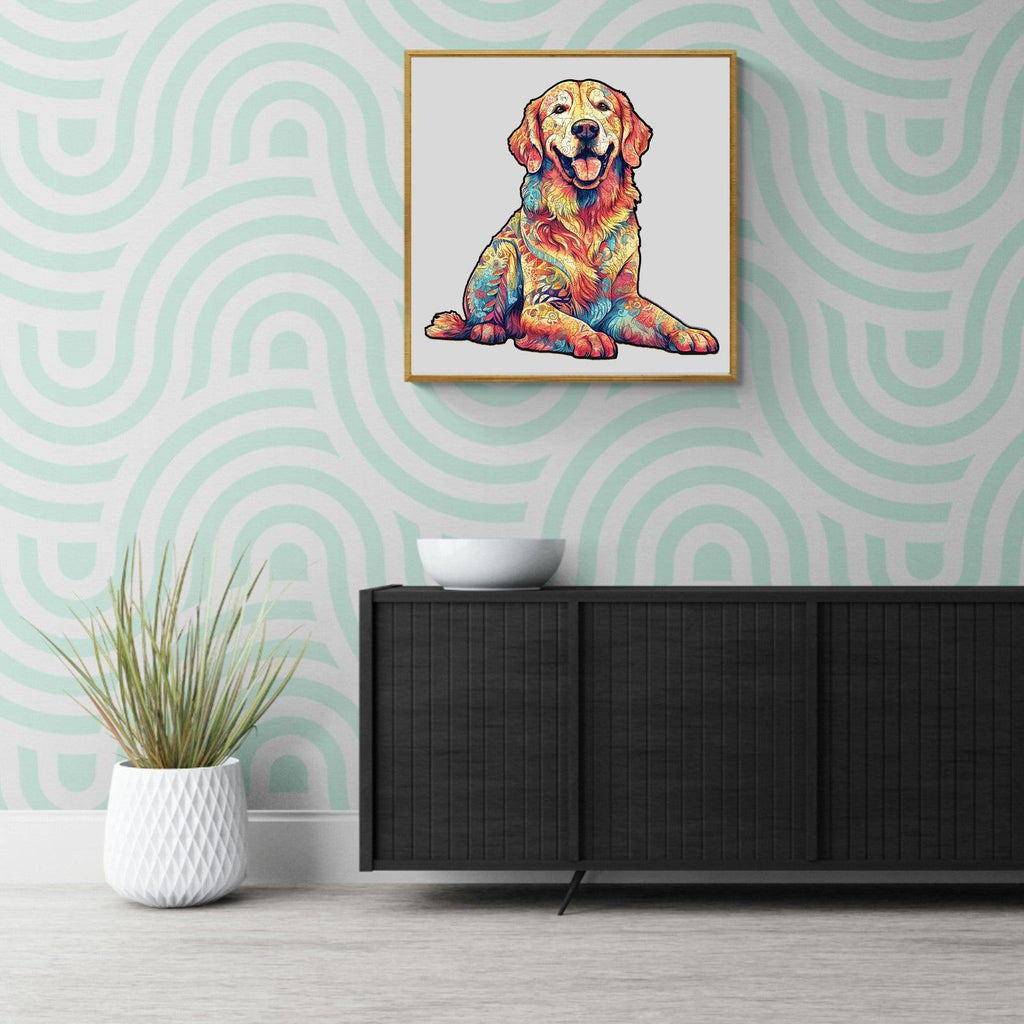 Colorful illustration of a smiling golden retriever on a wall, with modern decor and plants.