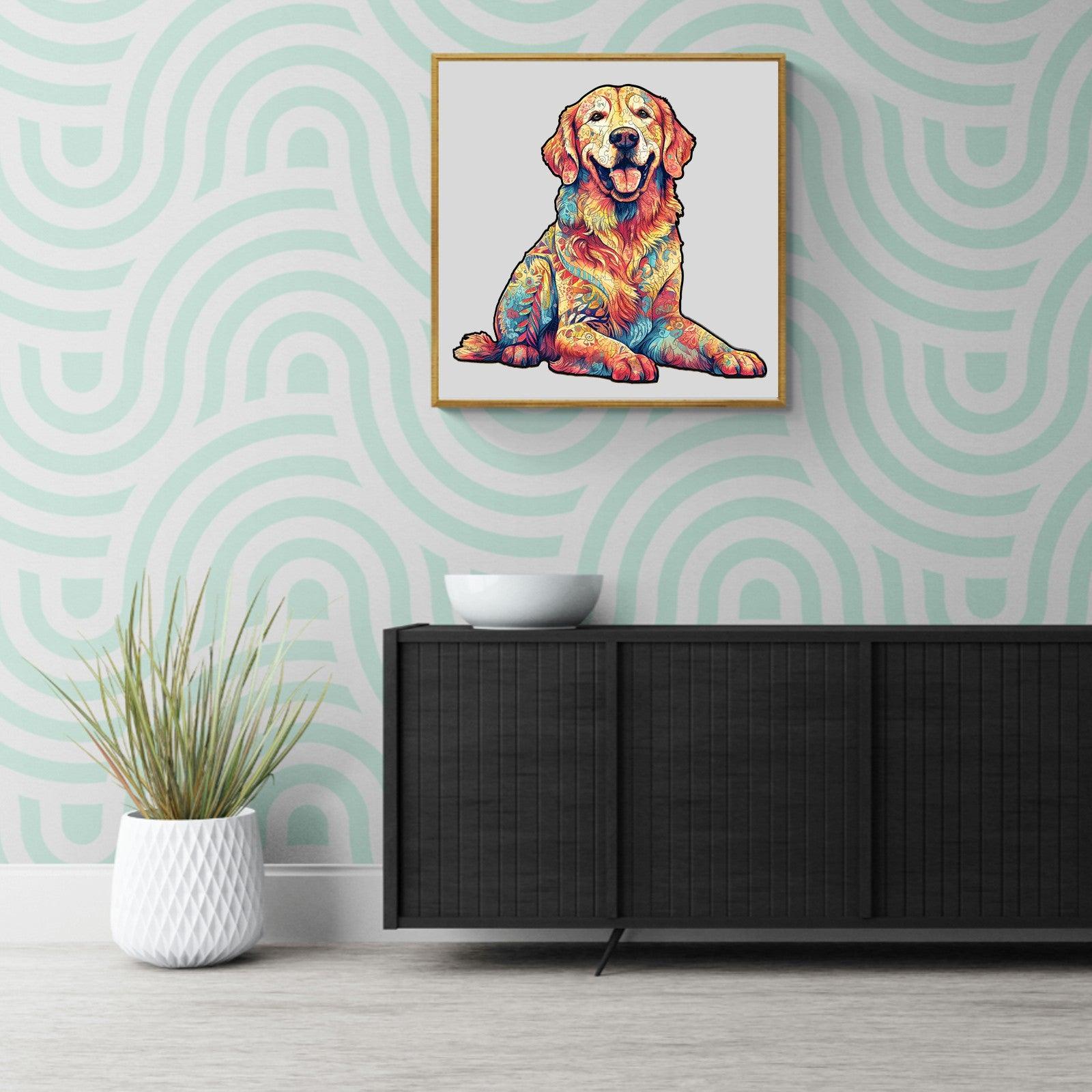 Colorful illustration of a smiling golden retriever on a wall, with modern decor and plants.