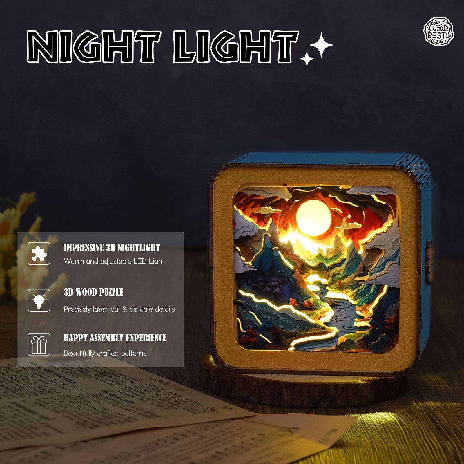 Moonlit Mountain Kit 3D wooden puzzle night light showcasing warm LED glow and intricate cut details.
