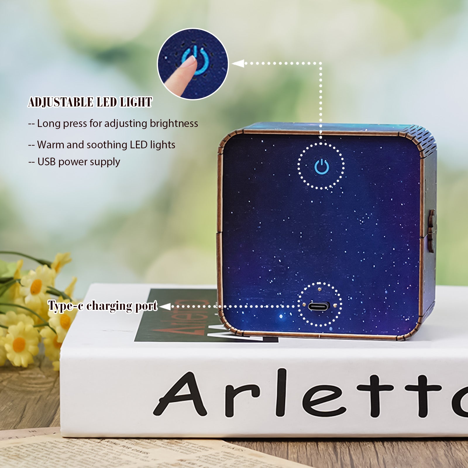 Adjustable LED light cube with USB power supply, featuring a type-C charging port and soothing starry design.