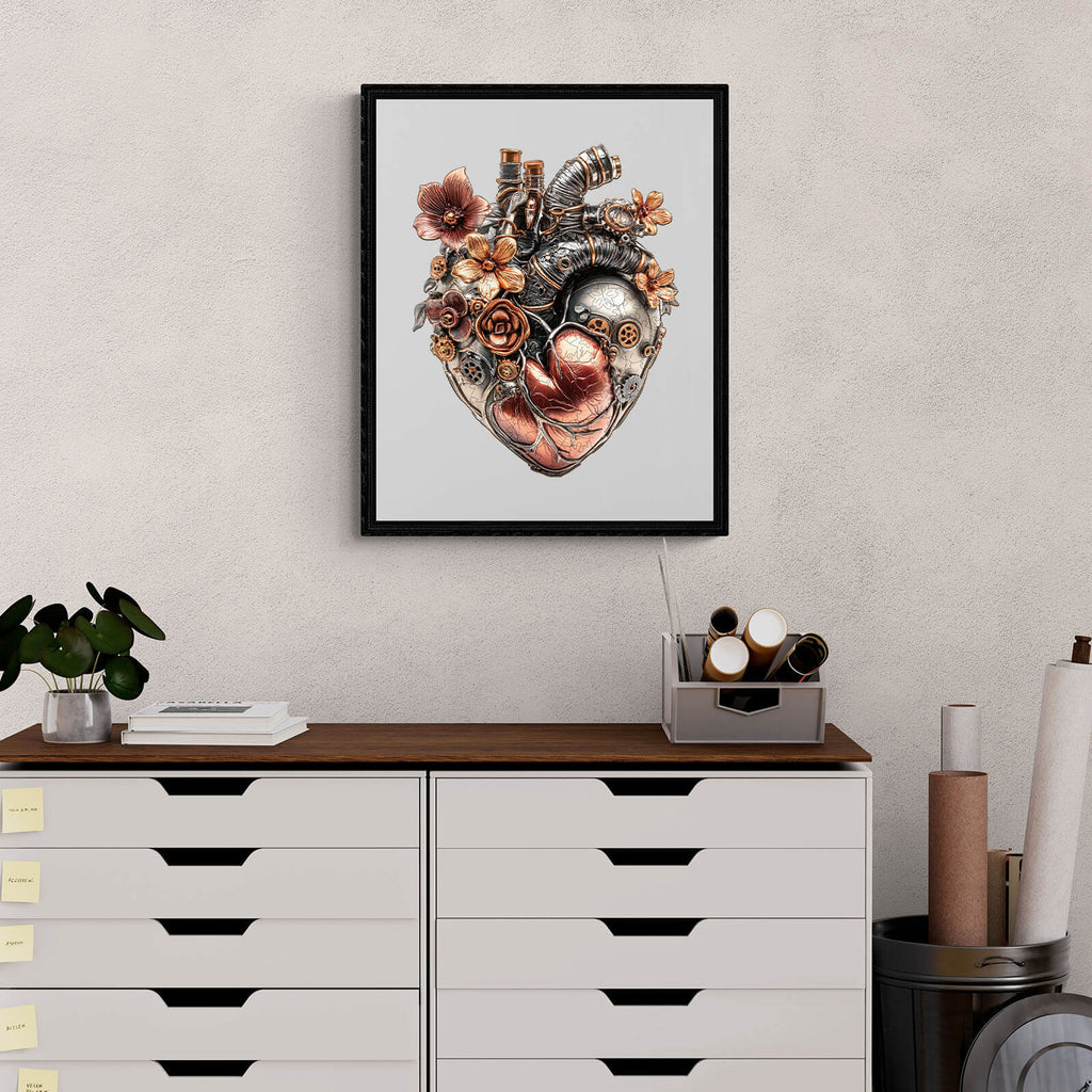3D Mechanical Heart artwork in a black frame, featuring intricate gears and floral designs, displayed on a modern desk.