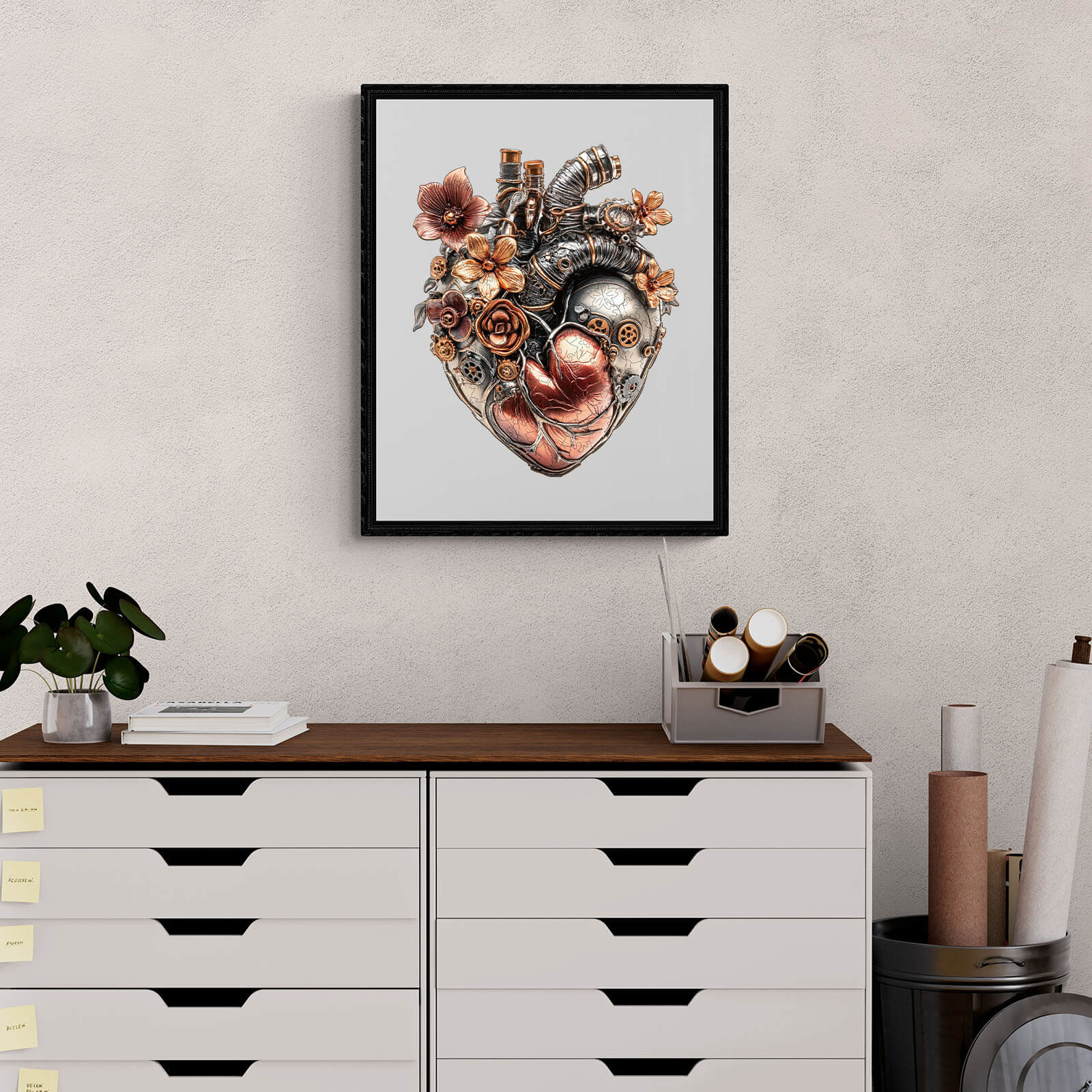 3D Mechanical Heart artwork in a black frame, featuring intricate gears and floral designs, displayed on a modern desk.